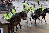 Lord Mayor's Show 2012: Mounted officers of the London Metropolitan Police leaving after the 2012 Lord Mayor's Show..
Press stand opposite Mansion House, City of London,
London,
Greater London,
United Kingdom,
on 10 November 2012 at 12:12, image #1953