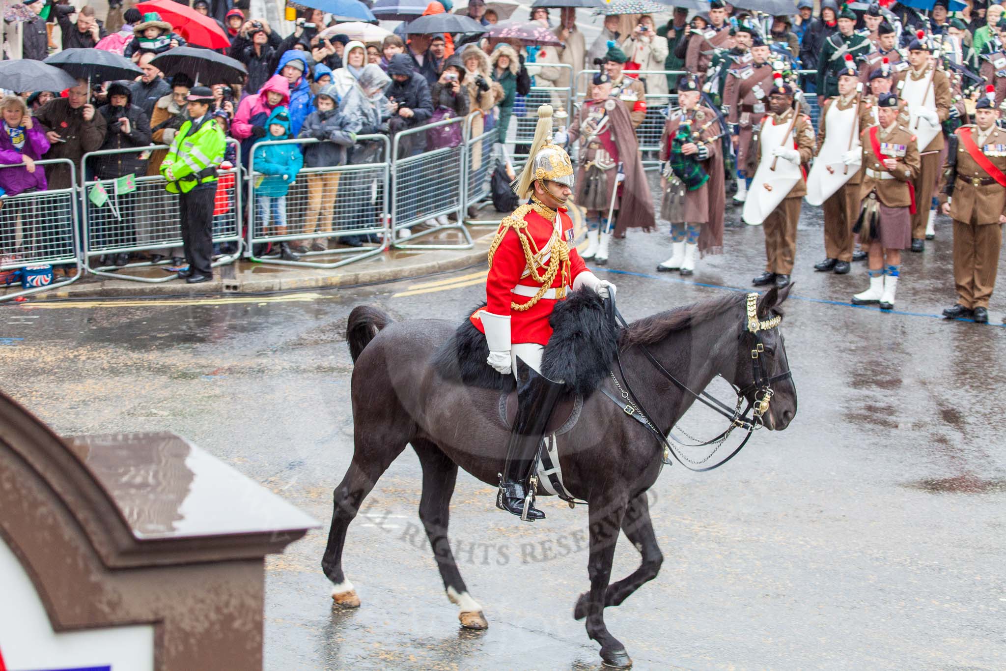 Lord Mayor's Show 2013: The Director of Music leading the Mounted Band of the Household Cavalry..
Press stand opposite Mansion House, City of London,
London,
Greater London,
United Kingdom,
on 09 November 2013 at 10:48, image #84