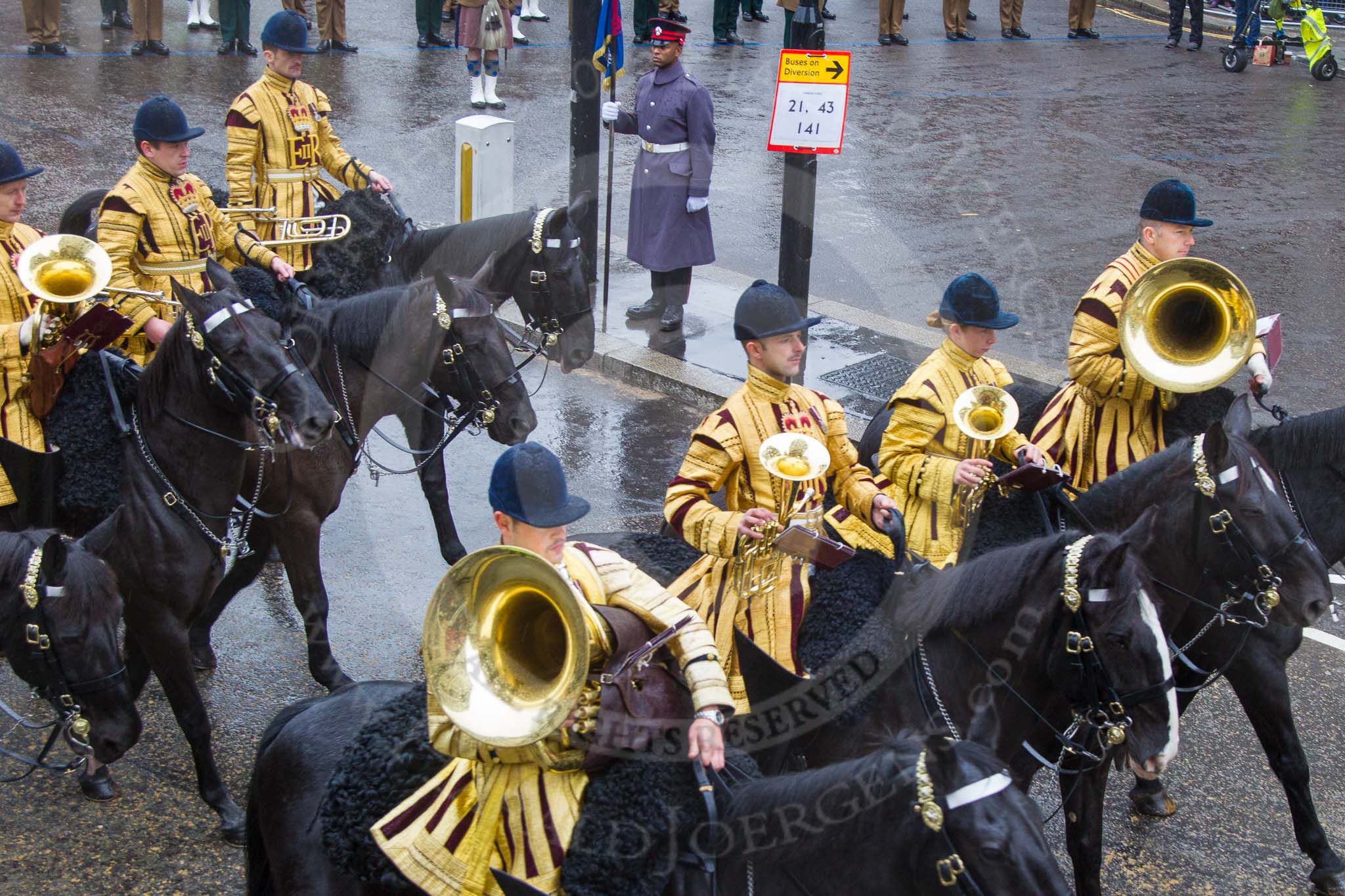 Lord Mayor's Show 2013: The Mounted Band of the Household Cavalry..
Press stand opposite Mansion House, City of London,
London,
Greater London,
United Kingdom,
on 09 November 2013 at 10:48, image #89