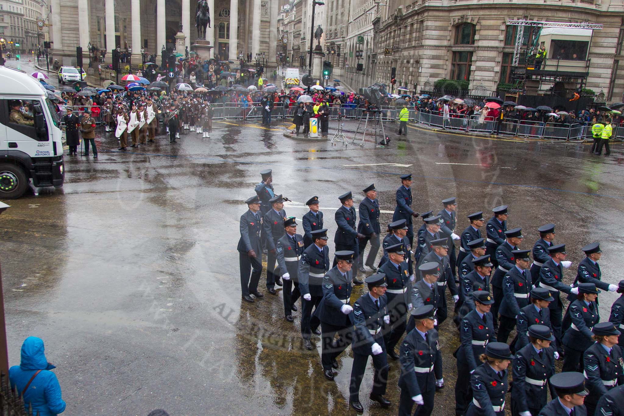 Lord Mayor's Show 2013: 16-Royal Air Force- marching contingent includes Regular and Reserve personnel..
Press stand opposite Mansion House, City of London,
London,
Greater London,
United Kingdom,
on 09 November 2013 at 11:08, image #299