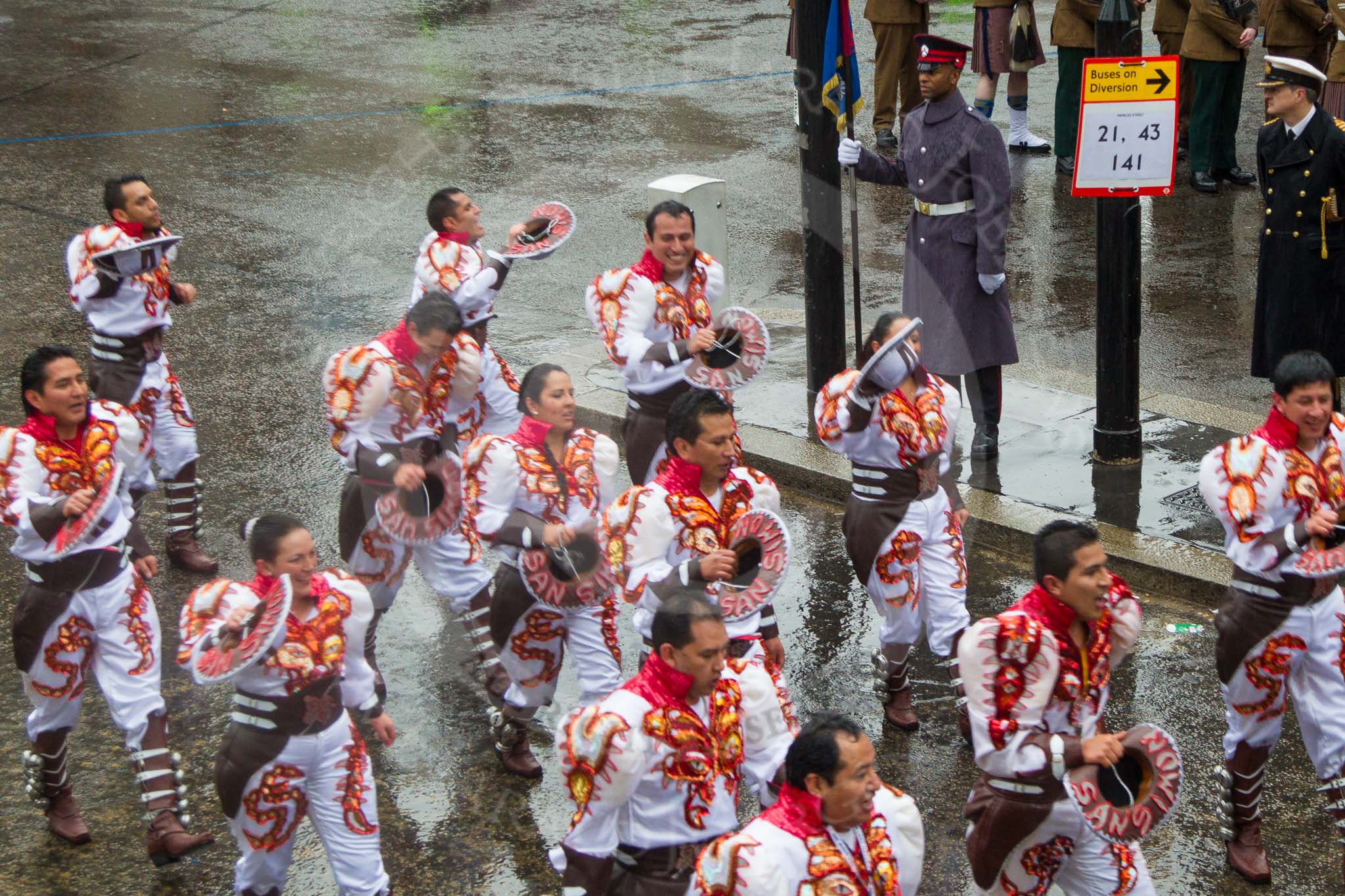 Lord Mayor's Show 2013: 20-Coporales San Simon Londres-community group that promotes Bolivian culture and folklore through performing traditional 'Caporales' dance..
Press stand opposite Mansion House, City of London,
London,
Greater London,
United Kingdom,
on 09 November 2013 at 11:10, image #325