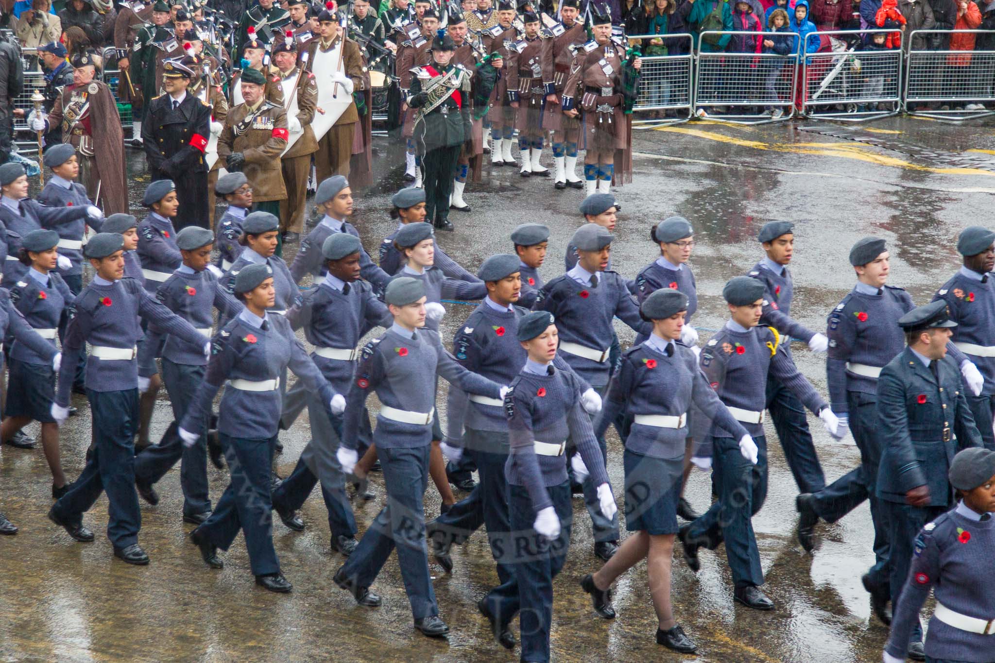 Lord Mayor's Show 2013: 23-Air Training Corps-national youth organisation with more than 40,000 members age between 13 and 20..
Press stand opposite Mansion House, City of London,
London,
Greater London,
United Kingdom,
on 09 November 2013 at 11:11, image #346