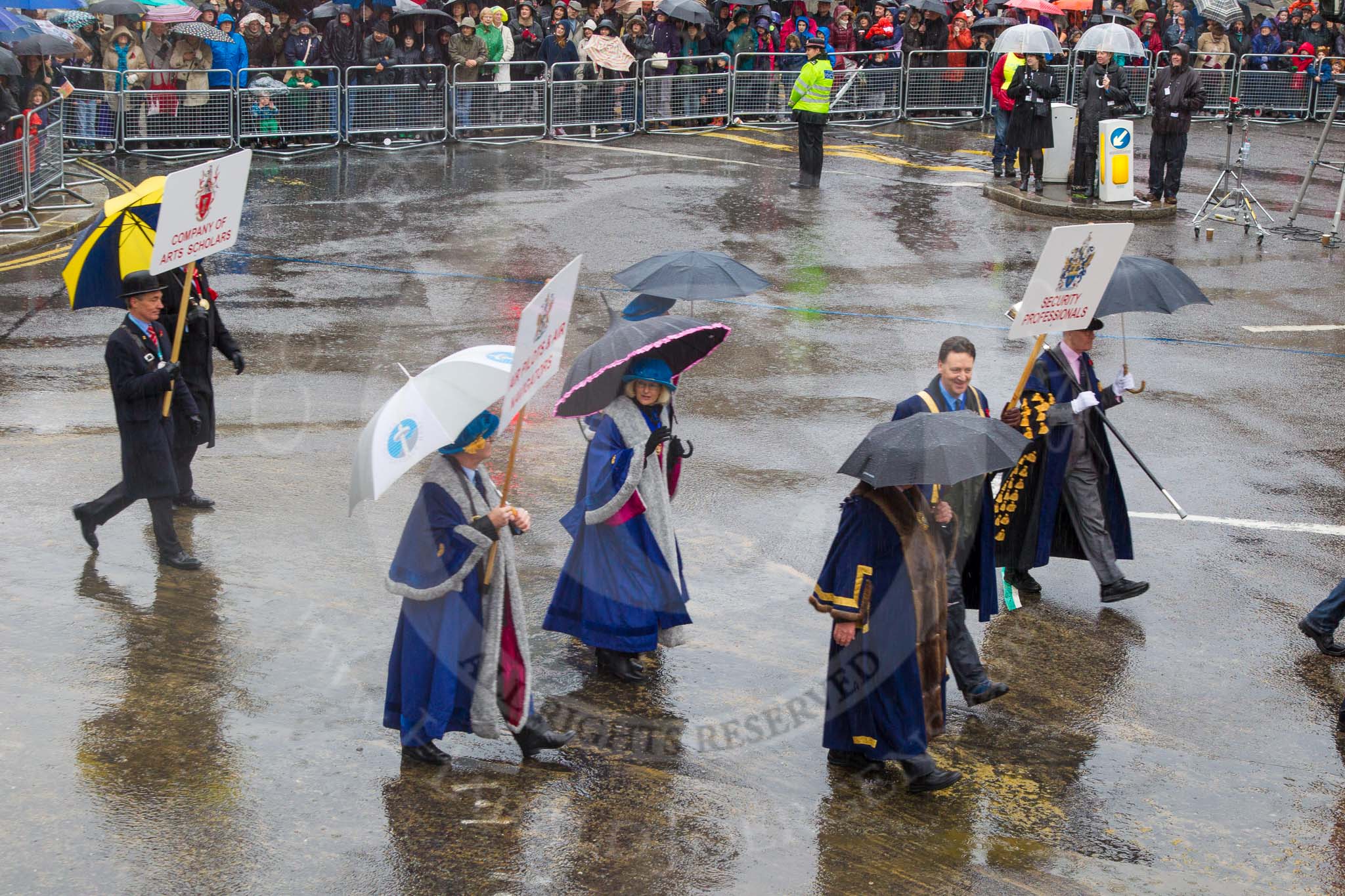 Lord Mayor's Show 2013: 46-Modern Livery Companies-,Security Professionals, Art Scholars..
Press stand opposite Mansion House, City of London,
London,
Greater London,
United Kingdom,
on 09 November 2013 at 11:25, image #607