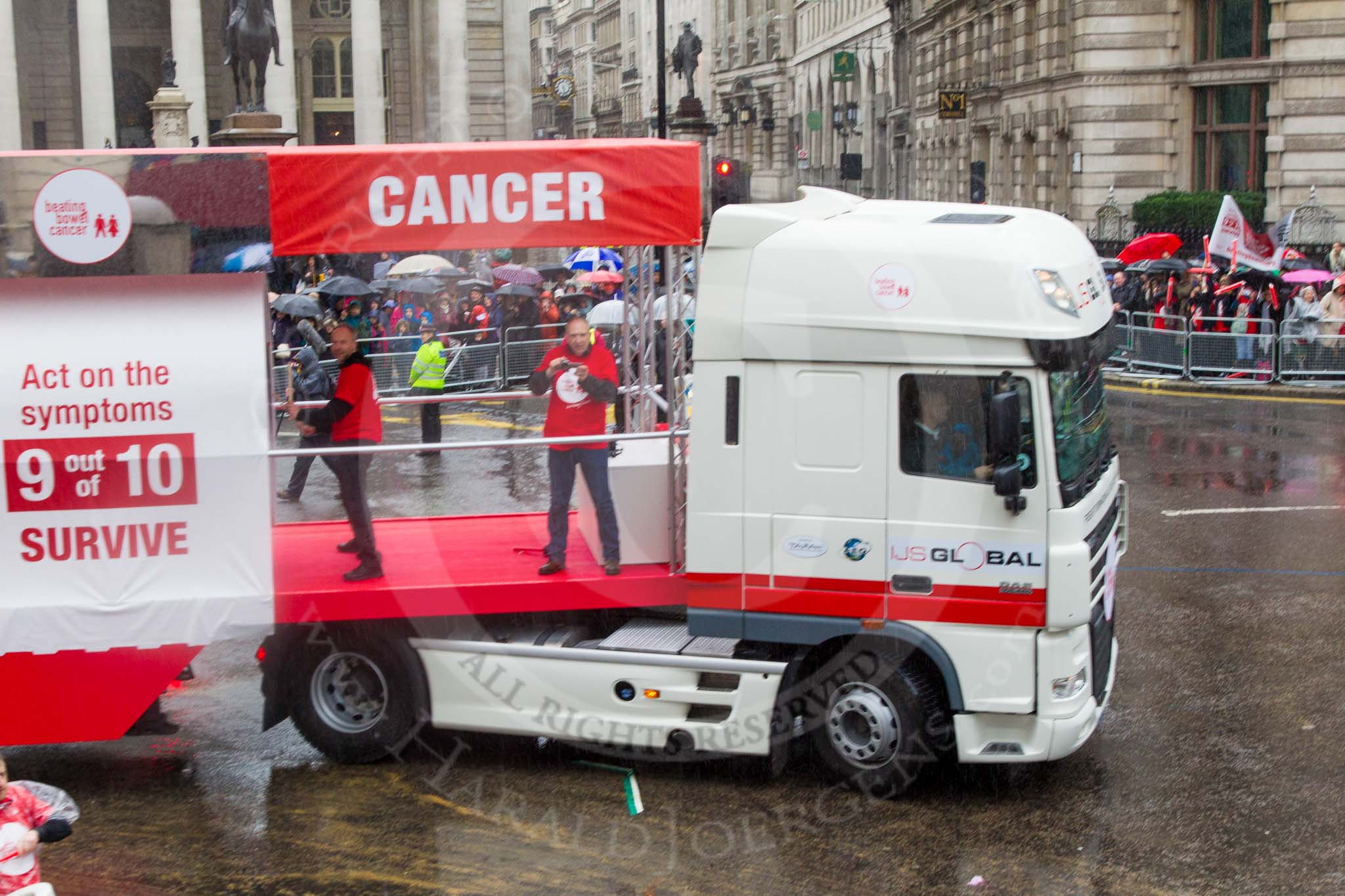 Lord Mayor's Show 2013: 50-Beating Bowel Cancer-are here to raise awareness and promote early diagnosis..
Press stand opposite Mansion House, City of London,
London,
Greater London,
United Kingdom,
on 09 November 2013 at 11:28, image #657