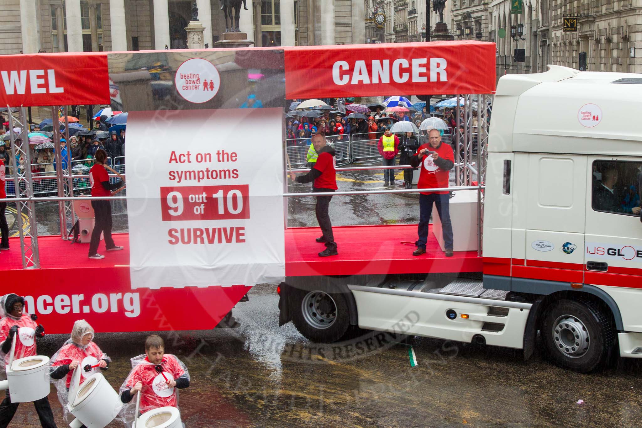 Lord Mayor's Show 2013: 50-Beating Bowel Cancer-are here to raise awareness and promote early diagnosis..
Press stand opposite Mansion House, City of London,
London,
Greater London,
United Kingdom,
on 09 November 2013 at 11:28, image #658