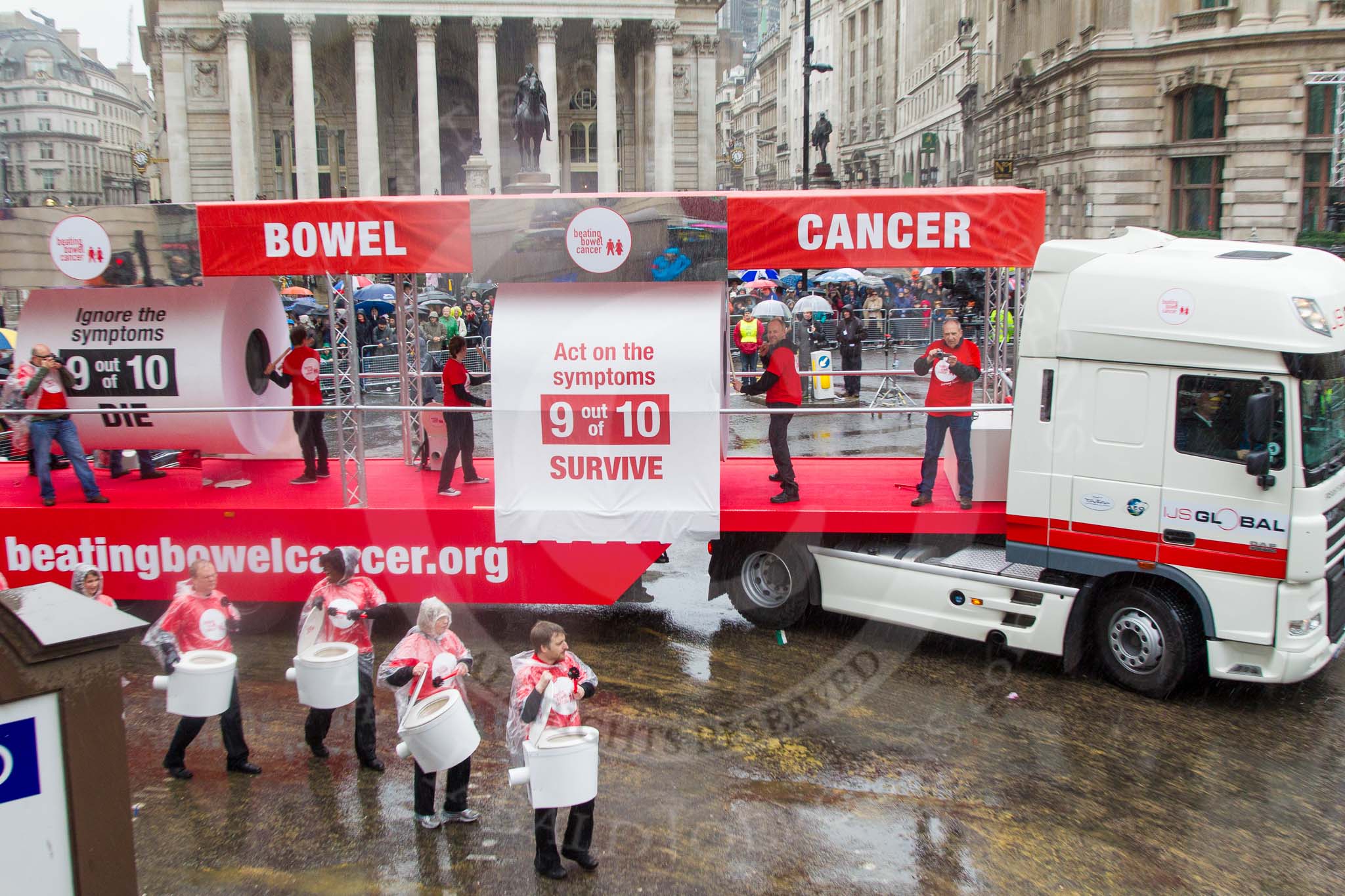 Lord Mayor's Show 2013: 50-Beating Bowel Cancer-are here to raise awareness and promote early diagnosis..
Press stand opposite Mansion House, City of London,
London,
Greater London,
United Kingdom,
on 09 November 2013 at 11:28, image #659