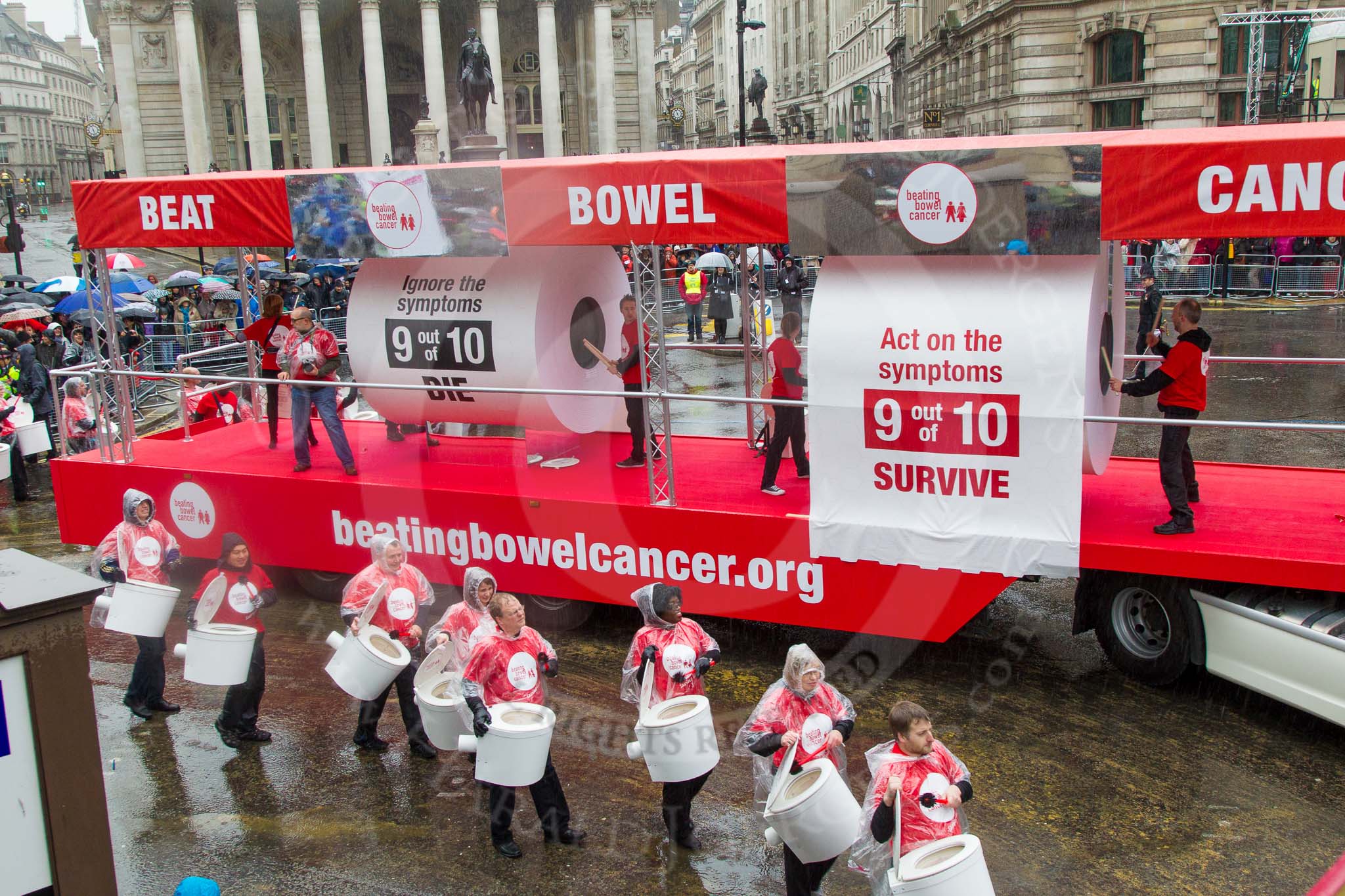 Lord Mayor's Show 2013: 50-Beating Bowel Cancer-are here to raise awareness and promote early diagnosis..
Press stand opposite Mansion House, City of London,
London,
Greater London,
United Kingdom,
on 09 November 2013 at 11:28, image #662