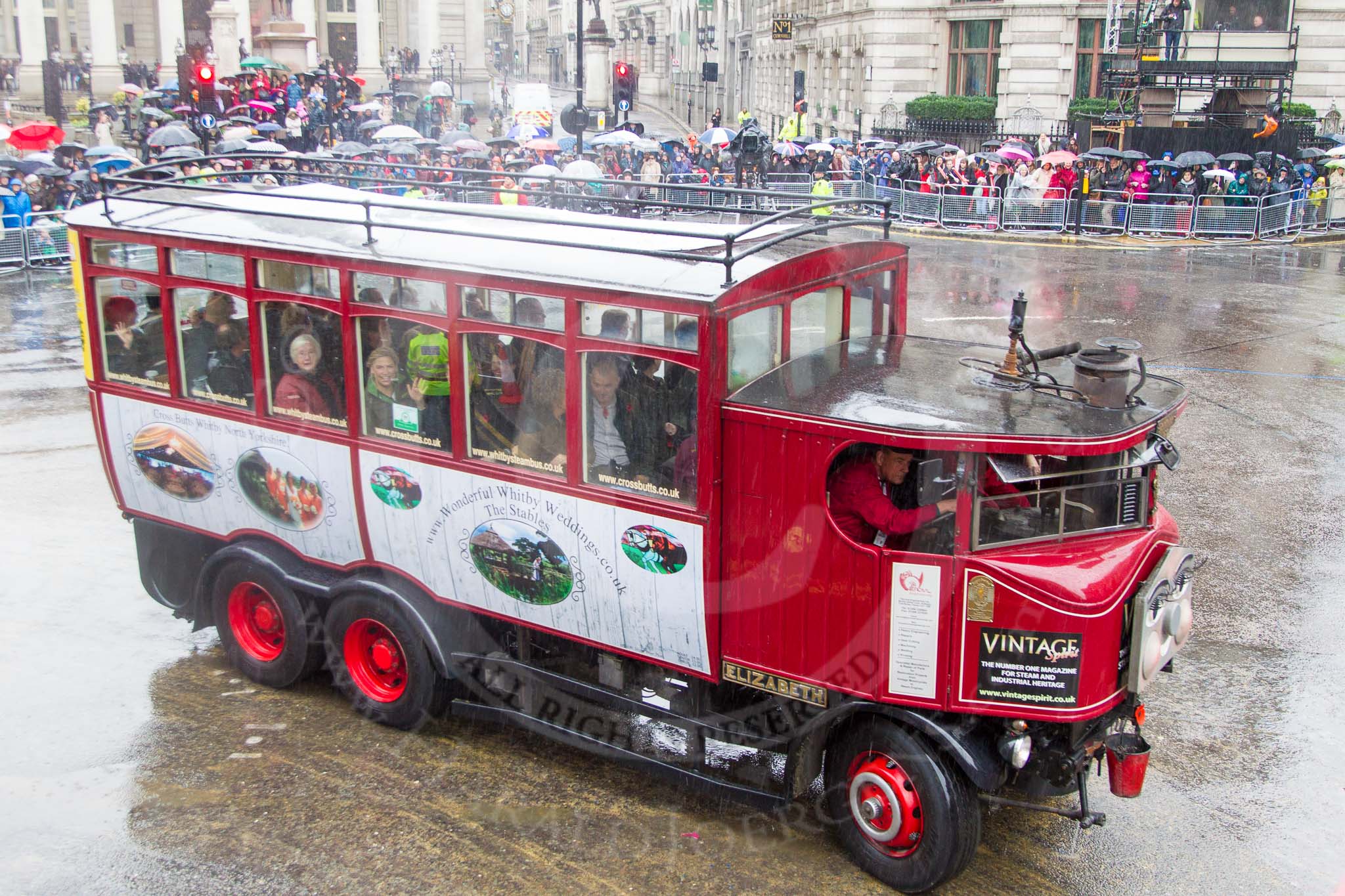 Lord Mayor's Show 2013: 53-Elizabeth the Whitby Steam Bus- travelling down from her Whitby home, which is also the home of Wonderful Whitby Weddings..
Press stand opposite Mansion House, City of London,
London,
Greater London,
United Kingdom,
on 09 November 2013 at 11:29, image #690