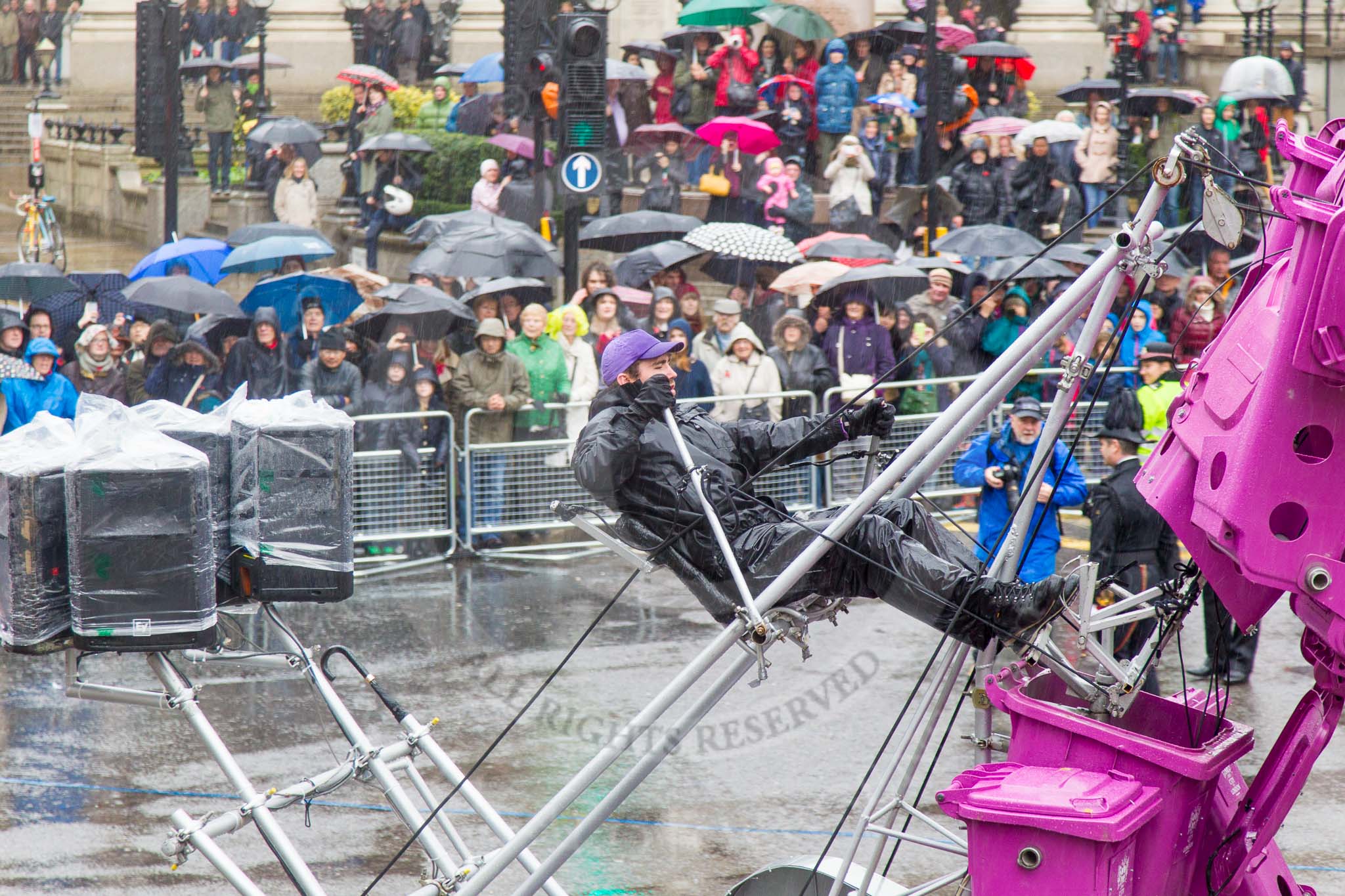 Lord Mayor's Show 2013: 59-Recycling in the City- The Binbot is joined again by his drumming street sweepers to celebrate 20th anniversary of the City's unique Clean City Awards scheme..
Press stand opposite Mansion House, City of London,
London,
Greater London,
United Kingdom,
on 09 November 2013 at 11:32, image #744