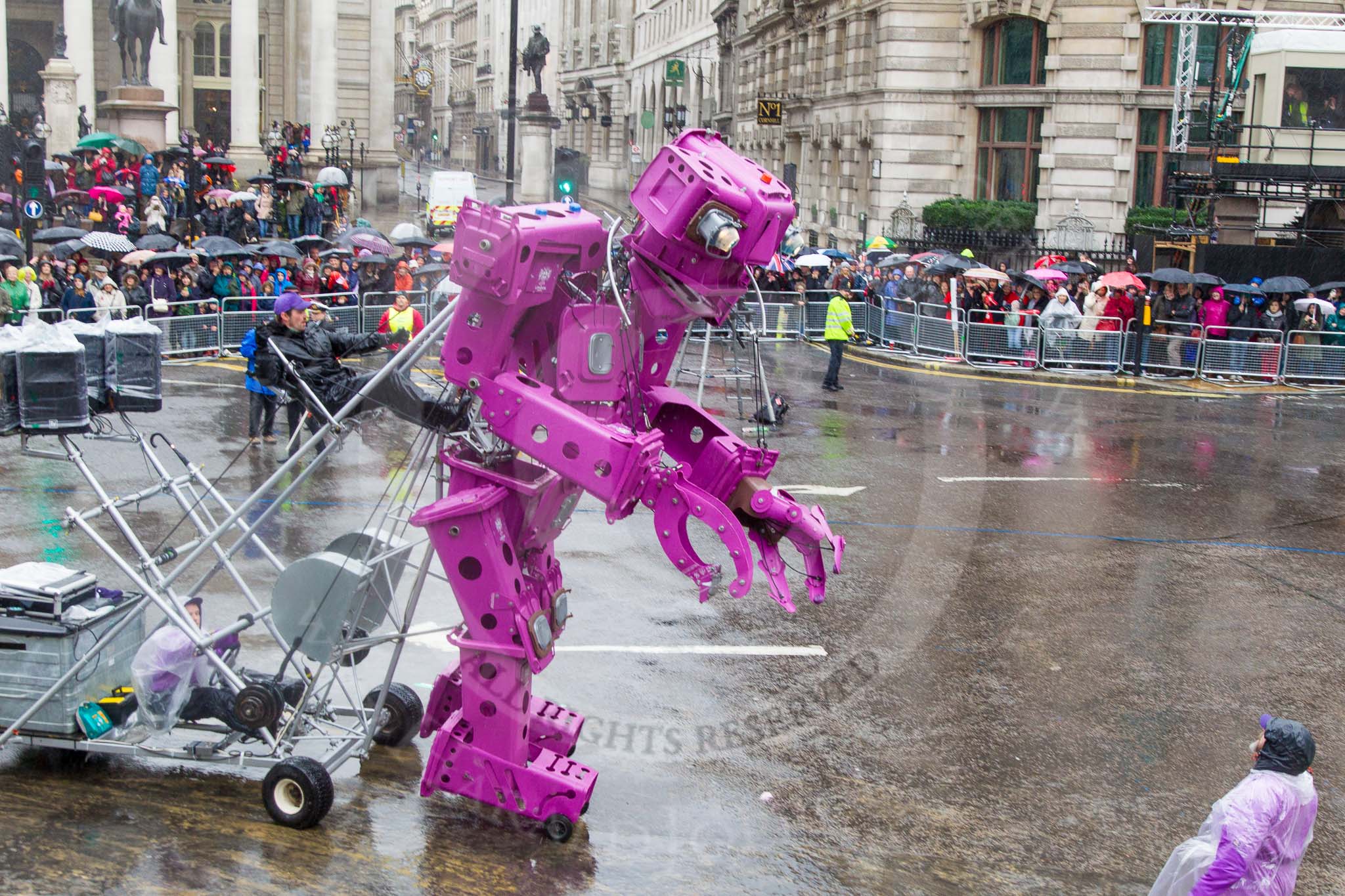Lord Mayor's Show 2013: 59-Recycling in the City- The Binbot is joined again by his drumming street sweepers to celebrate 20th anniversary of the City's unique Clean City Awards scheme..
Press stand opposite Mansion House, City of London,
London,
Greater London,
United Kingdom,
on 09 November 2013 at 11:32, image #745