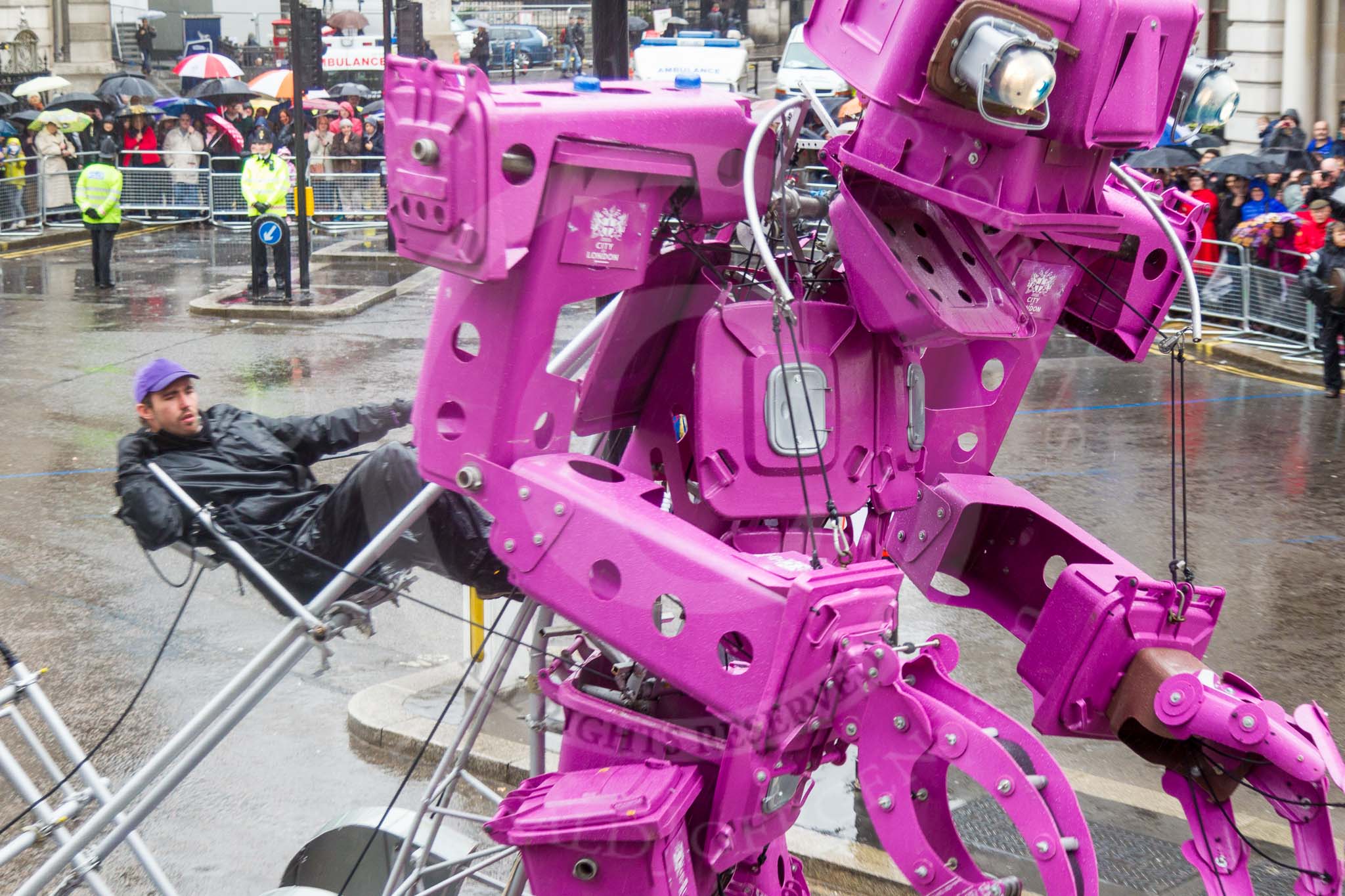 Lord Mayor's Show 2013: 59-Recycling in the City- The Binbot is joined again by his drumming street sweepers to celebrate 20th anniversary of the City's unique Clean City Awards scheme..
Press stand opposite Mansion House, City of London,
London,
Greater London,
United Kingdom,
on 09 November 2013 at 11:32, image #750