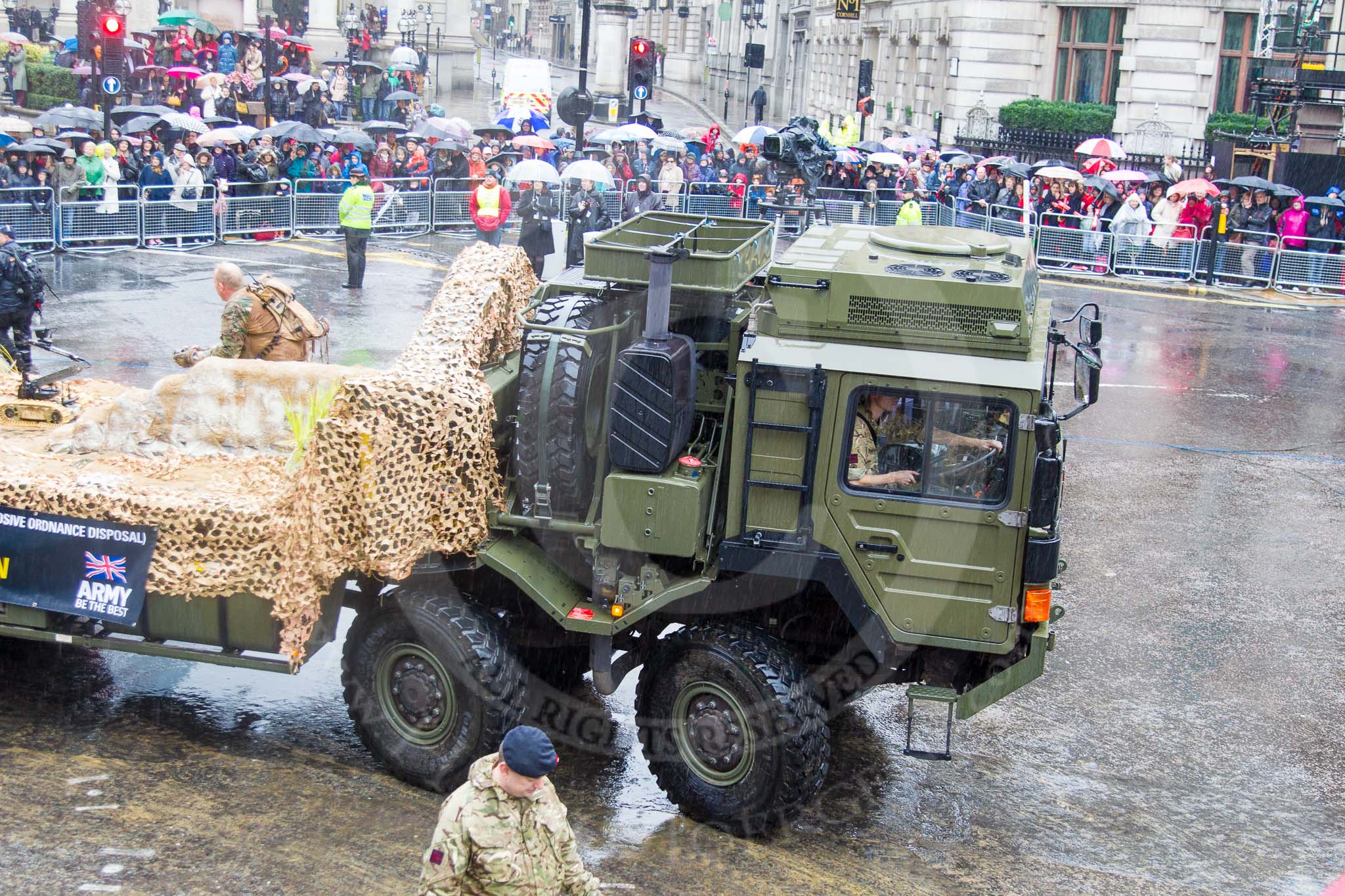 Lord Mayor's Show 2013: 62-101 (City of London) Enginner Regiment (Explosive Ordnance Disposal)-has strong operational history, having provided bomb disposal teams during the blitz and now provading a vital service in Afganistan..
Press stand opposite Mansion House, City of London,
London,
Greater London,
United Kingdom,
on 09 November 2013 at 11:34, image #792