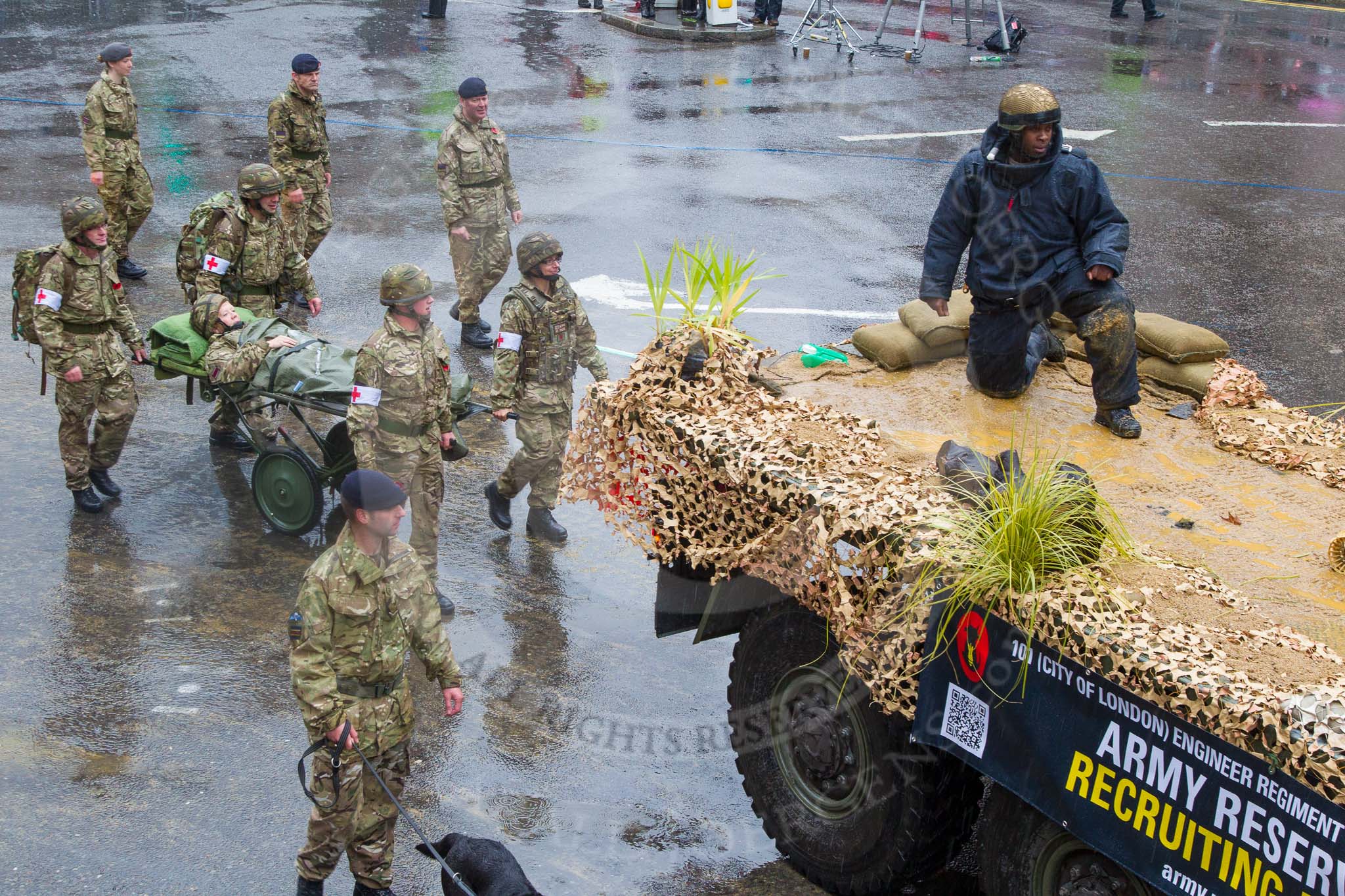 Lord Mayor's Show 2013: 62-101 (City of London) Enginner Regiment (Explosive Ordnance Disposal)-has strong operational history, having provided bomb disposal teams during the blitz and now provading a vital service in Afganistan..
Press stand opposite Mansion House, City of London,
London,
Greater London,
United Kingdom,
on 09 November 2013 at 11:34, image #798