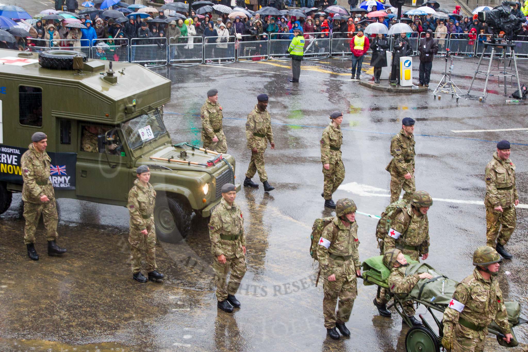 Lord Mayor's Show 2013: 63-256 Field Hospital, Royal Army Medical Corps-continue to provade medical, allied health and military support to current operations..
Press stand opposite Mansion House, City of London,
London,
Greater London,
United Kingdom,
on 09 November 2013 at 11:35, image #802