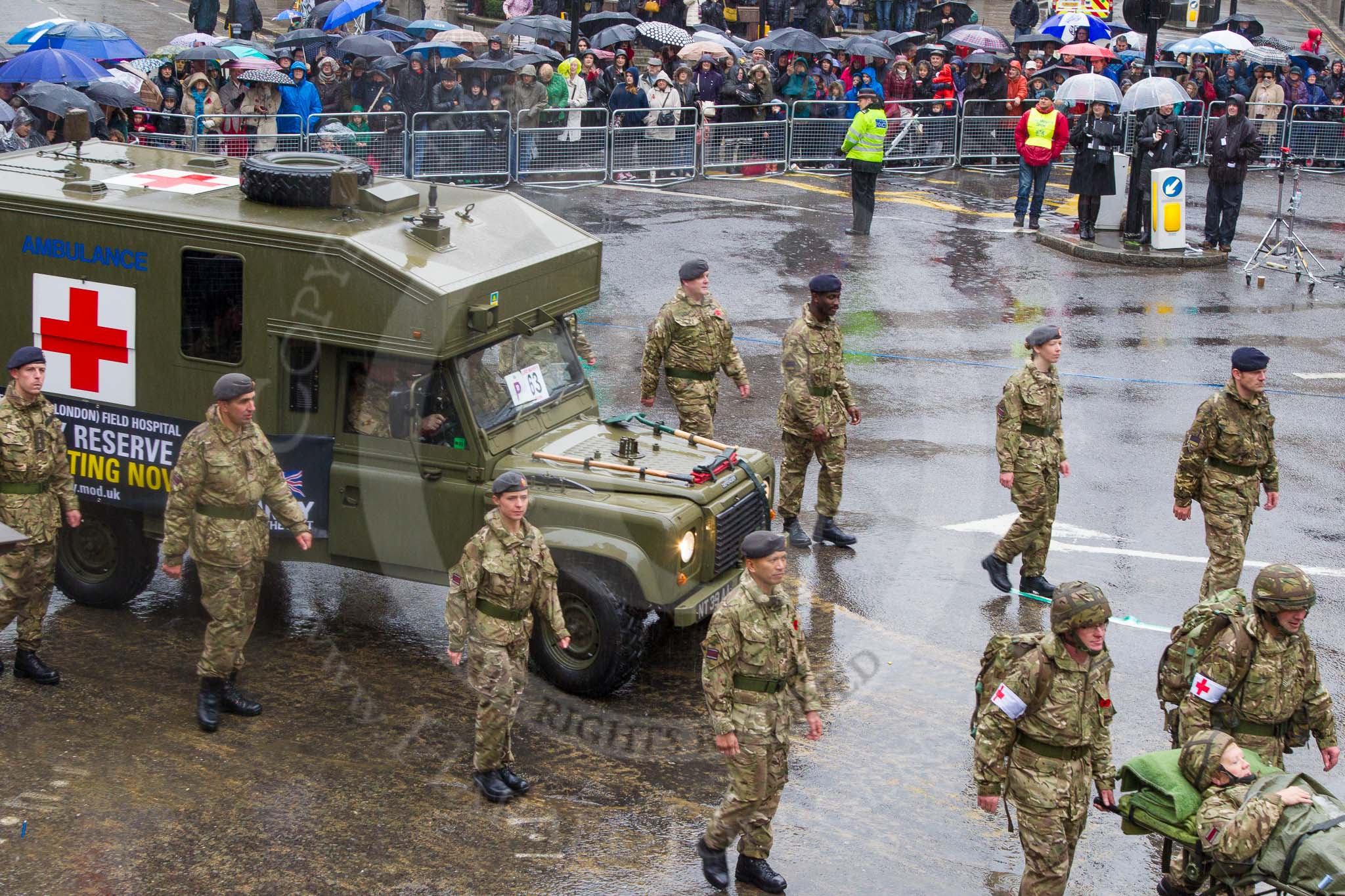 Lord Mayor's Show 2013: 63-256 Field Hospital, Royal Army Medical Corps-continue to provade medical, allied health and military support to current operations..
Press stand opposite Mansion House, City of London,
London,
Greater London,
United Kingdom,
on 09 November 2013 at 11:35, image #803