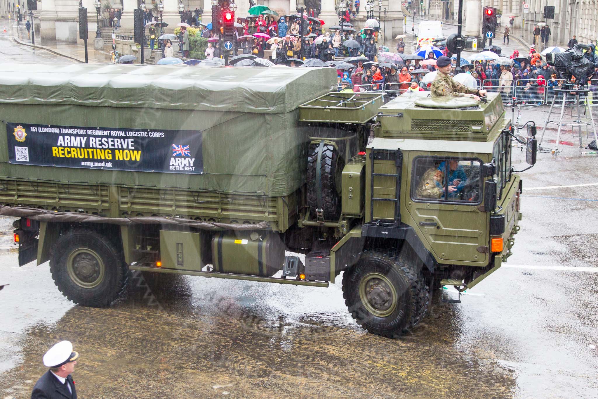 Lord Mayor's Show 2013: 66-151 ( London) Transport Regiment- Its role is to ensure that weapons, ammunition and supplies are delivered wherever and whenever they are needed..
Press stand opposite Mansion House, City of London,
London,
Greater London,
United Kingdom,
on 09 November 2013 at 11:36, image #806