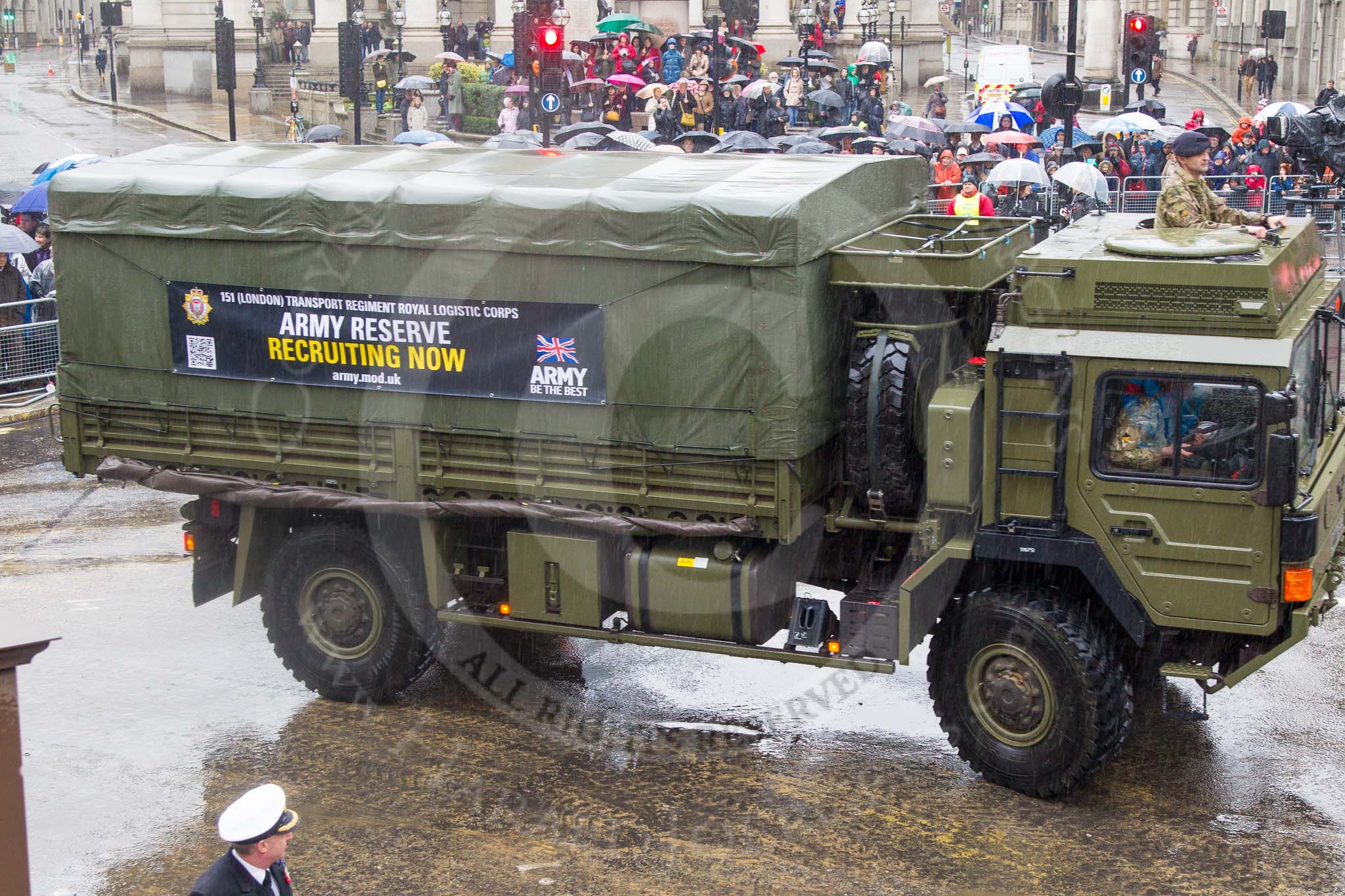 Lord Mayor's Show 2013: 66-151 ( London) Transport Regiment- Its role is to ensure that weapons, ammunition and supplies are delivered wherever and whenever they are needed..
Press stand opposite Mansion House, City of London,
London,
Greater London,
United Kingdom,
on 09 November 2013 at 11:36, image #807