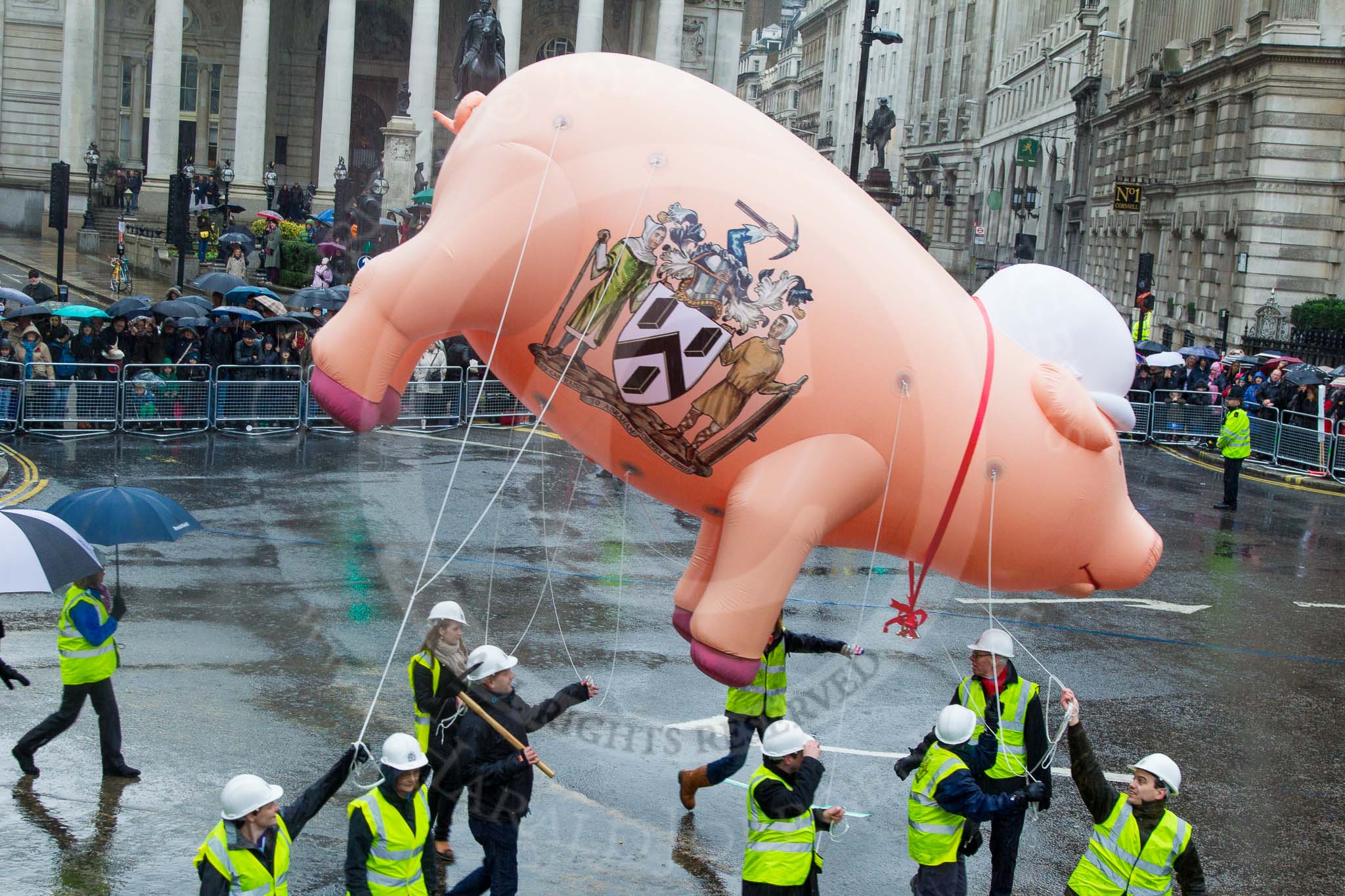 Lord Mayor's Show 2013: 70-Worshipful Company of Paviors-which brings together construction-industry professionals involved with roads and pavements.This year's float features the 'pig' that mediaeval paviors would have cleared from city streets and it towed by a steamroller from Amberley museum..
Press stand opposite Mansion House, City of London,
London,
Greater London,
United Kingdom,
on 09 November 2013 at 11:39, image #857