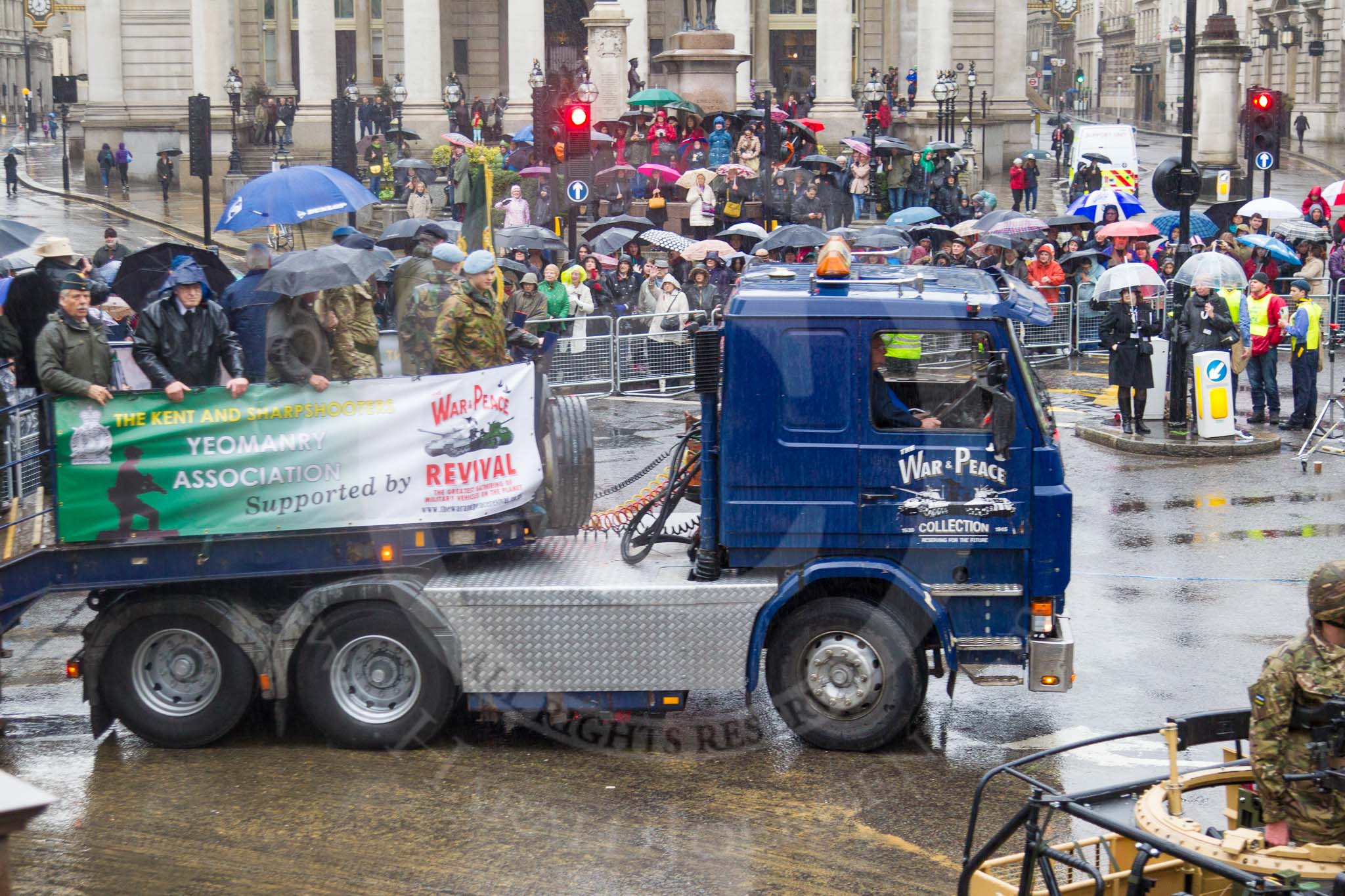 Lord Mayor's Show 2013: 73-The Royal Yeomanry- is London's only Army Reserve Calvary unit.  It use some of the armoured vehicles that you will see in the Show today..
Press stand opposite Mansion House, City of London,
London,
Greater London,
United Kingdom,
on 09 November 2013 at 11:40, image #881