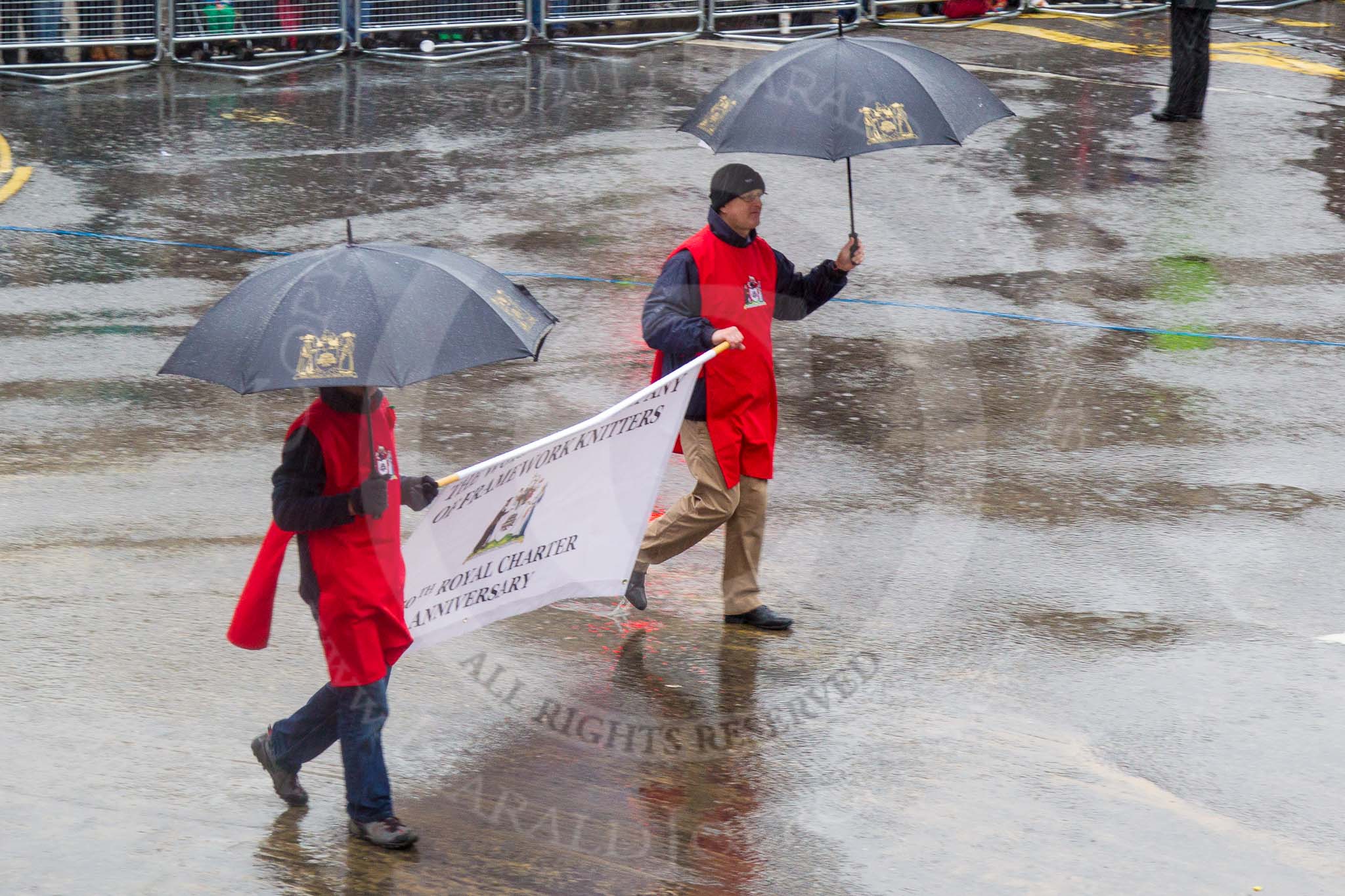 Lord Mayor's Show 2013: 75-Worshipful Company of Framework Knitters- this year Framework Knitters celebrate the 350th  anniversary of their Royal Charter. The main aim of Company is to promote excellence in the textile industry..
Press stand opposite Mansion House, City of London,
London,
Greater London,
United Kingdom,
on 09 November 2013 at 11:41, image #894