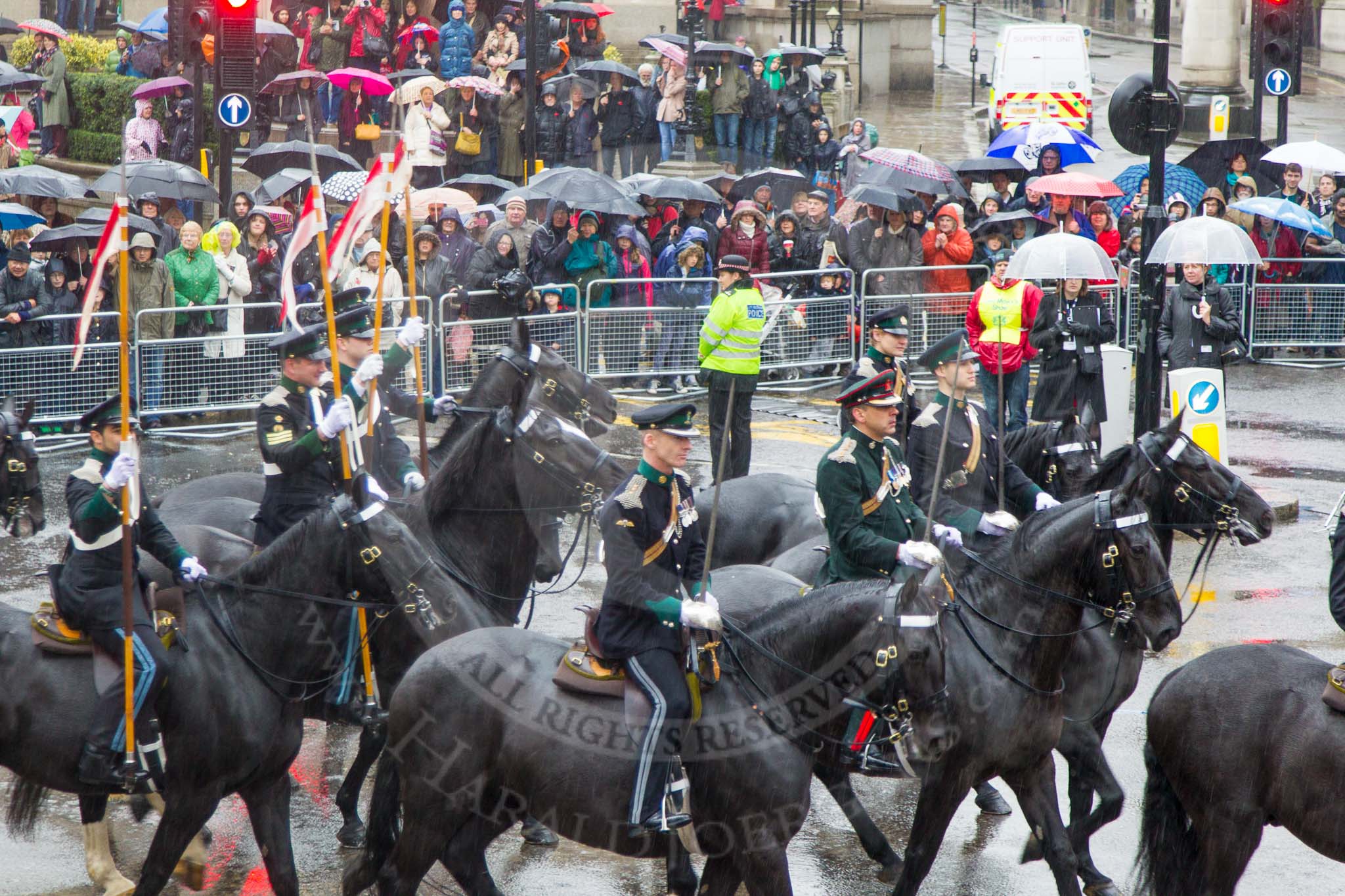 Lord Mayor's Show 2013: 76- 71 (City of London) Signal Regiment-provides military command-and -control in support of Uk operations. The Regiment is today represented by  the Riding Detachment of its Lincoln's Inn-based, 68(Inns of Court & City and Essex Yeomanry) Signal Squadron..
Press stand opposite Mansion House, City of London,
London,
Greater London,
United Kingdom,
on 09 November 2013 at 11:42, image #908