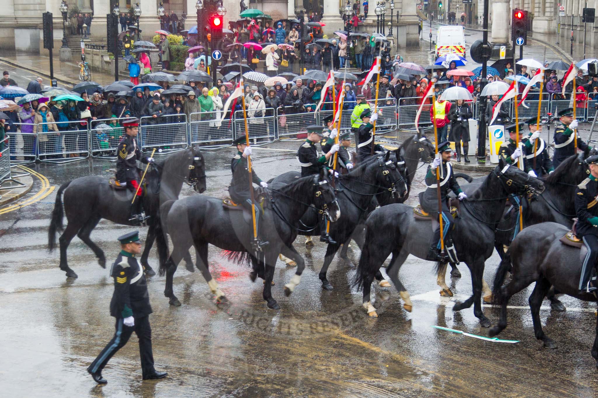 Lord Mayor's Show 2013: 76- 71 (City of London) Signal Regiment-provides military command-and -control in support of Uk operations. The Regiment is today represented by  the Riding Detachment of its Lincoln's Inn-based, 68 (Inns of Court & City and Essex Yeomanry) Signal Squadron..
Press stand opposite Mansion House, City of London,
London,
Greater London,
United Kingdom,
on 09 November 2013 at 11:42, image #911