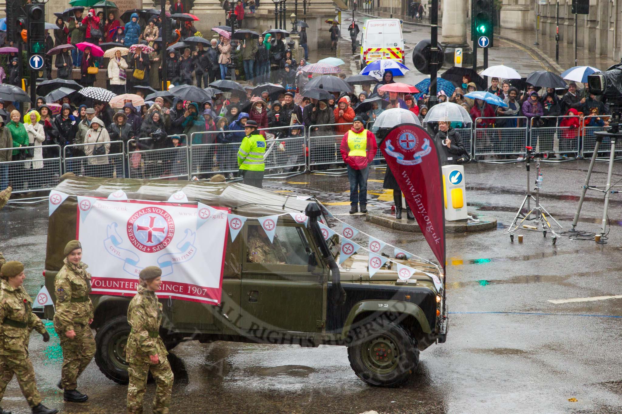 Lord Mayor's Show 2013: 77-First Aid Nursing Yeomanry (The Princess Royal's Volunteer Corps)-was formed in 1907 and is the UK's oldest and most highly decorated uniformed women's organisation. It specialises in emergency respond and training support to the military and civil authorities..
Press stand opposite Mansion House, City of London,
London,
Greater London,
United Kingdom,
on 09 November 2013 at 11:42, image #915