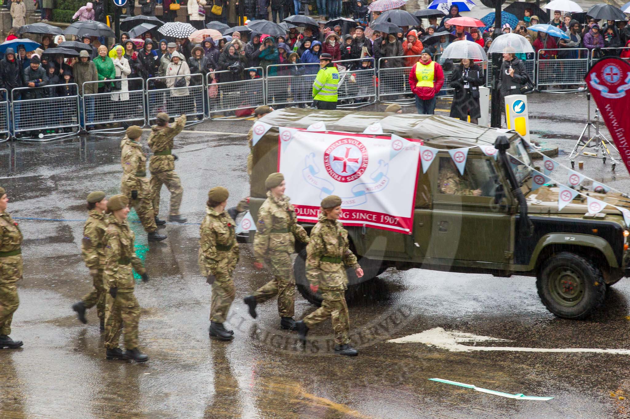 Lord Mayor's Show 2013: 77-First Aid Nursing Yeomanry (The Princess Royal's Volunteer Corps)-was formed in 1907 and is the UK's oldest and most highly decorated uniformed women's organisation. It specialises in emergency respond and training support to the military and civil authorities..
Press stand opposite Mansion House, City of London,
London,
Greater London,
United Kingdom,
on 09 November 2013 at 11:42, image #916