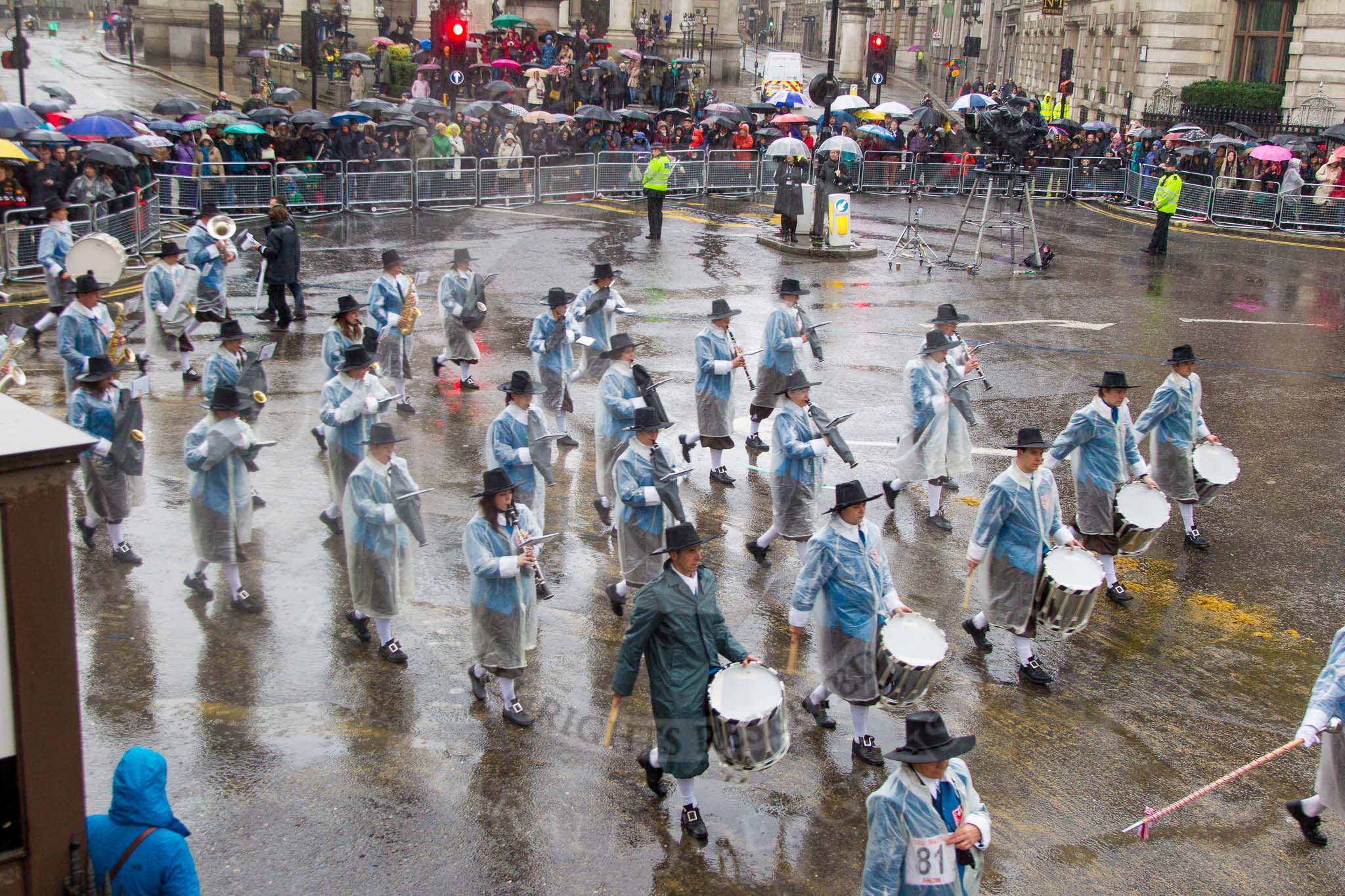 Lord Mayor's Show 2013: 81-Zunft Zur Zimmerleuten Band- the band traditionally supports the Zurich Swiss Gild of the Zimmerleuten in its parade and pageants, and is continuing that tradition today..
Press stand opposite Mansion House, City of London,
London,
Greater London,
United Kingdom,
on 09 November 2013 at 11:45, image #969