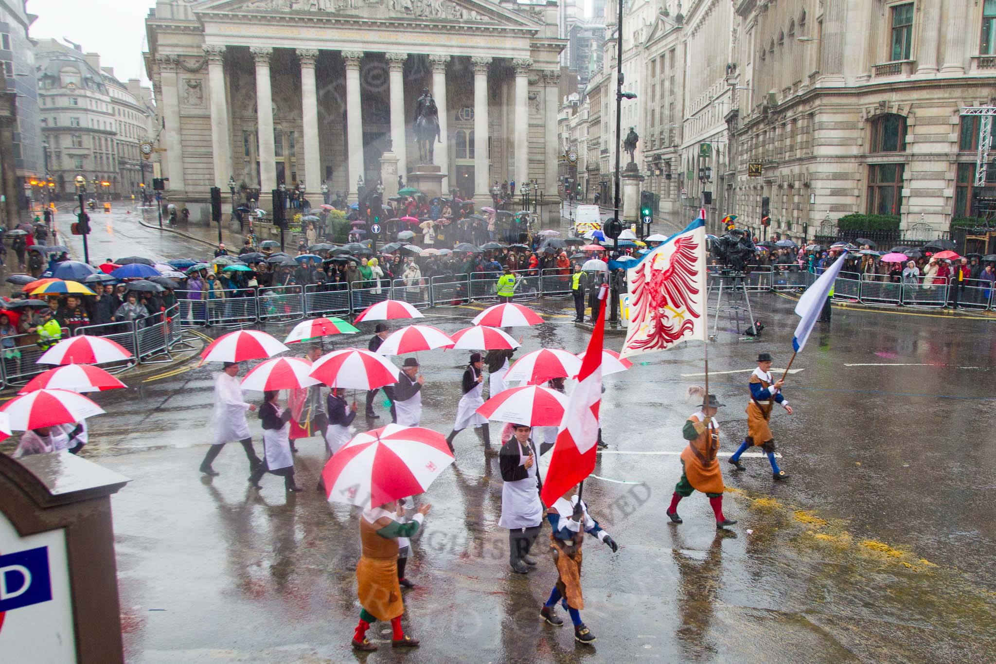 Lord Mayor's Show 2013: 82-Worshipful Company Of Joiners & Ceilers with Zunft Zur Zimmerleuten- the Joiners and Ceilers celebrates its long association with the Swiss Guild of the Zimmerleuten with a troop of horseman and latge contingnet of members in traditional costumes..
Press stand opposite Mansion House, City of London,
London,
Greater London,
United Kingdom,
on 09 November 2013 at 11:45, image #982