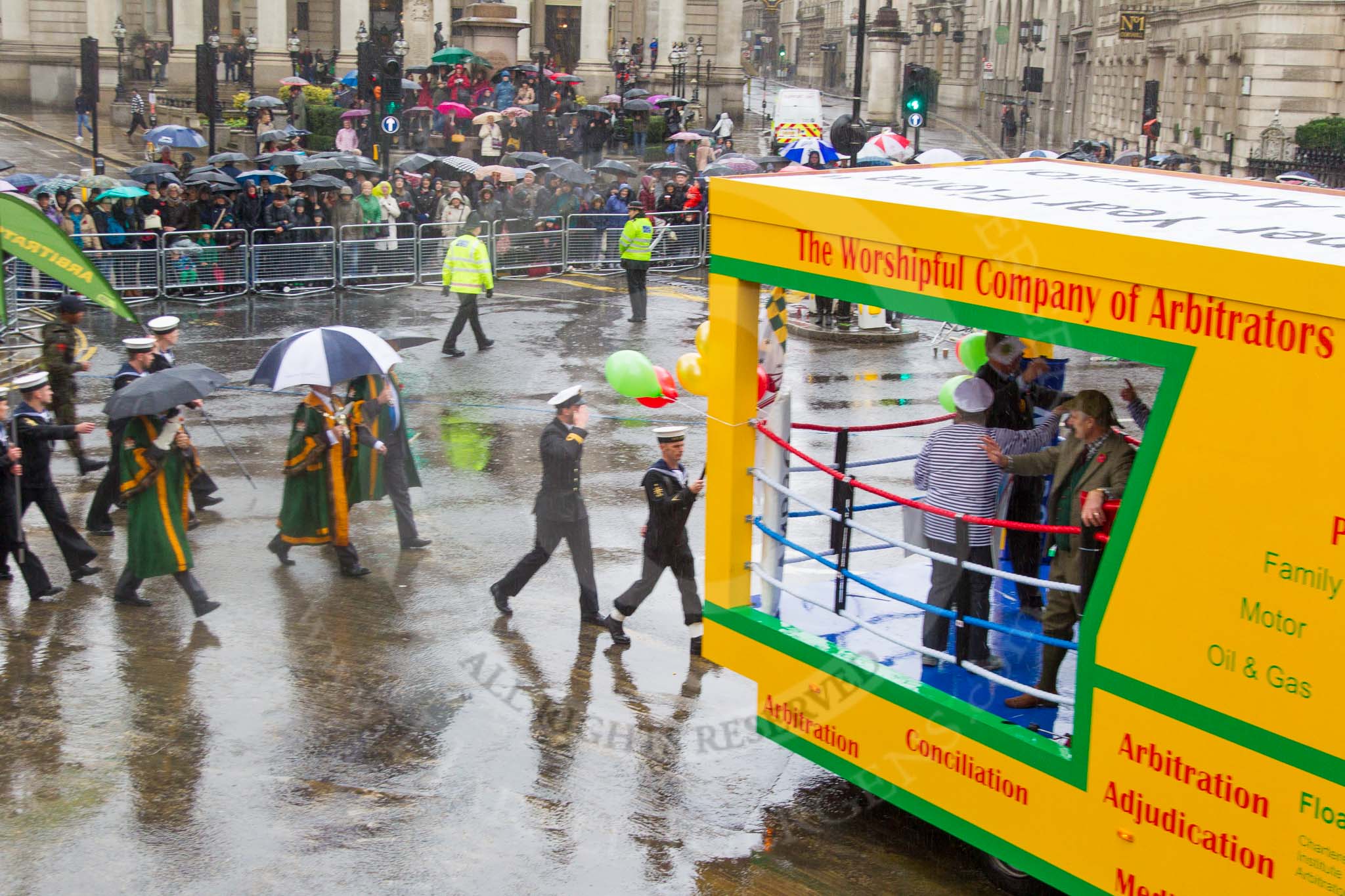 Lord Mayor's Show 2013: 83-Worsshipful Company of Arbitrators- fosts the profession of Arbitration and other forms of private dispute resolution..
Press stand opposite Mansion House, City of London,
London,
Greater London,
United Kingdom,
on 09 November 2013 at 11:46, image #1012