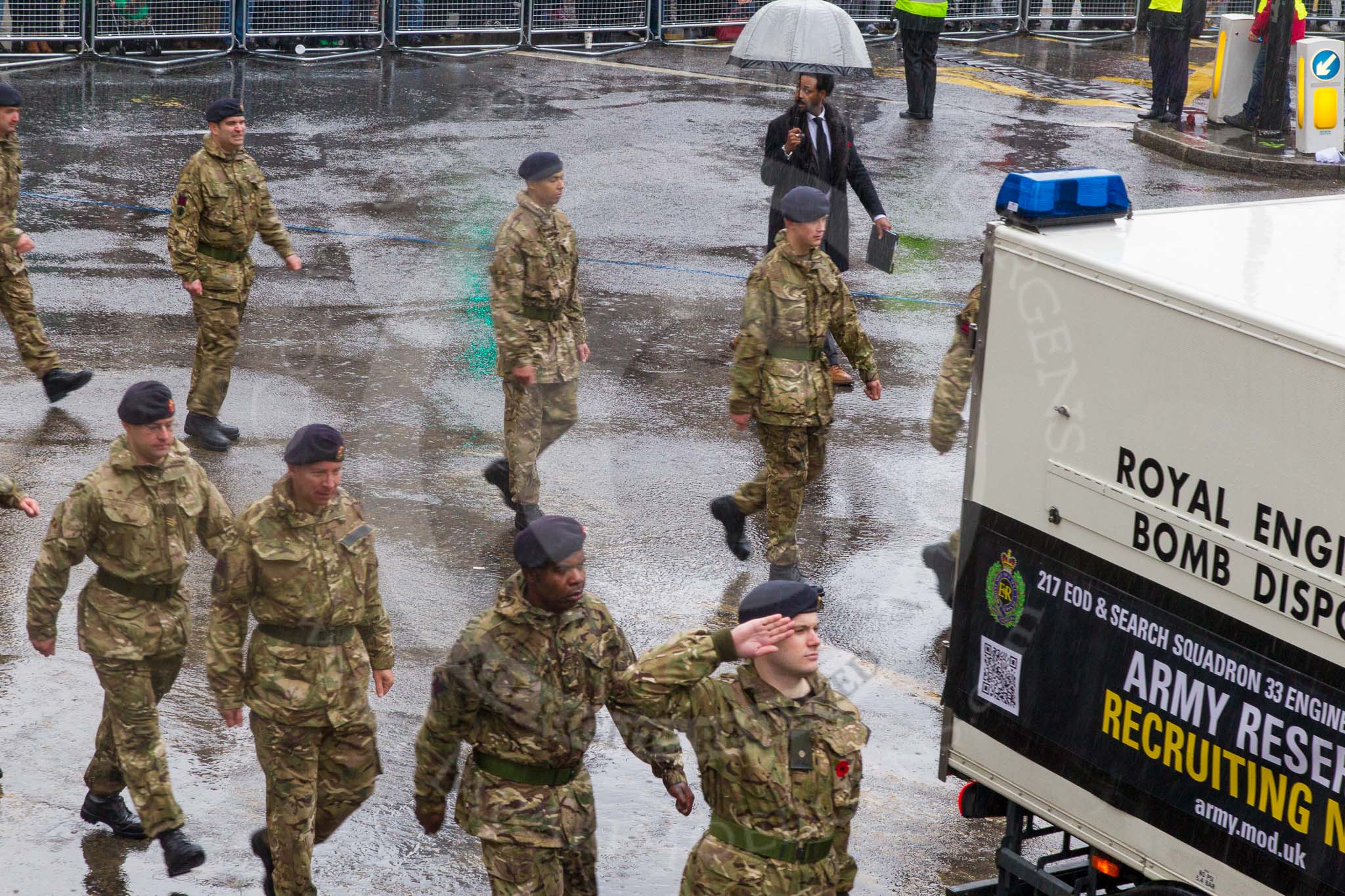 Lord Mayor's Show 2013: 90-217 Squadron 33 Engineer Regiment Royal Engineers- specialising in explosive ordance disposal and high-risk, high-assurance search support..
Press stand opposite Mansion House, City of London,
London,
Greater London,
United Kingdom,
on 09 November 2013 at 11:49, image #1098