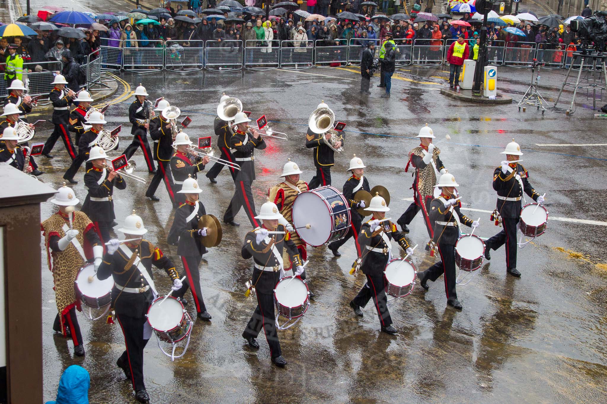 Lord Mayor's Show 2013: 94-Royal Marines Band( HMS Collingwood)-was formed in 2009 and has performed at the Lord Mayor's Show, the Diamong Jubilee, the London 2012 Olympic Games and the subsequent Athlete's Parade..
Press stand opposite Mansion House, City of London,
London,
Greater London,
United Kingdom,
on 09 November 2013 at 11:51, image #1147