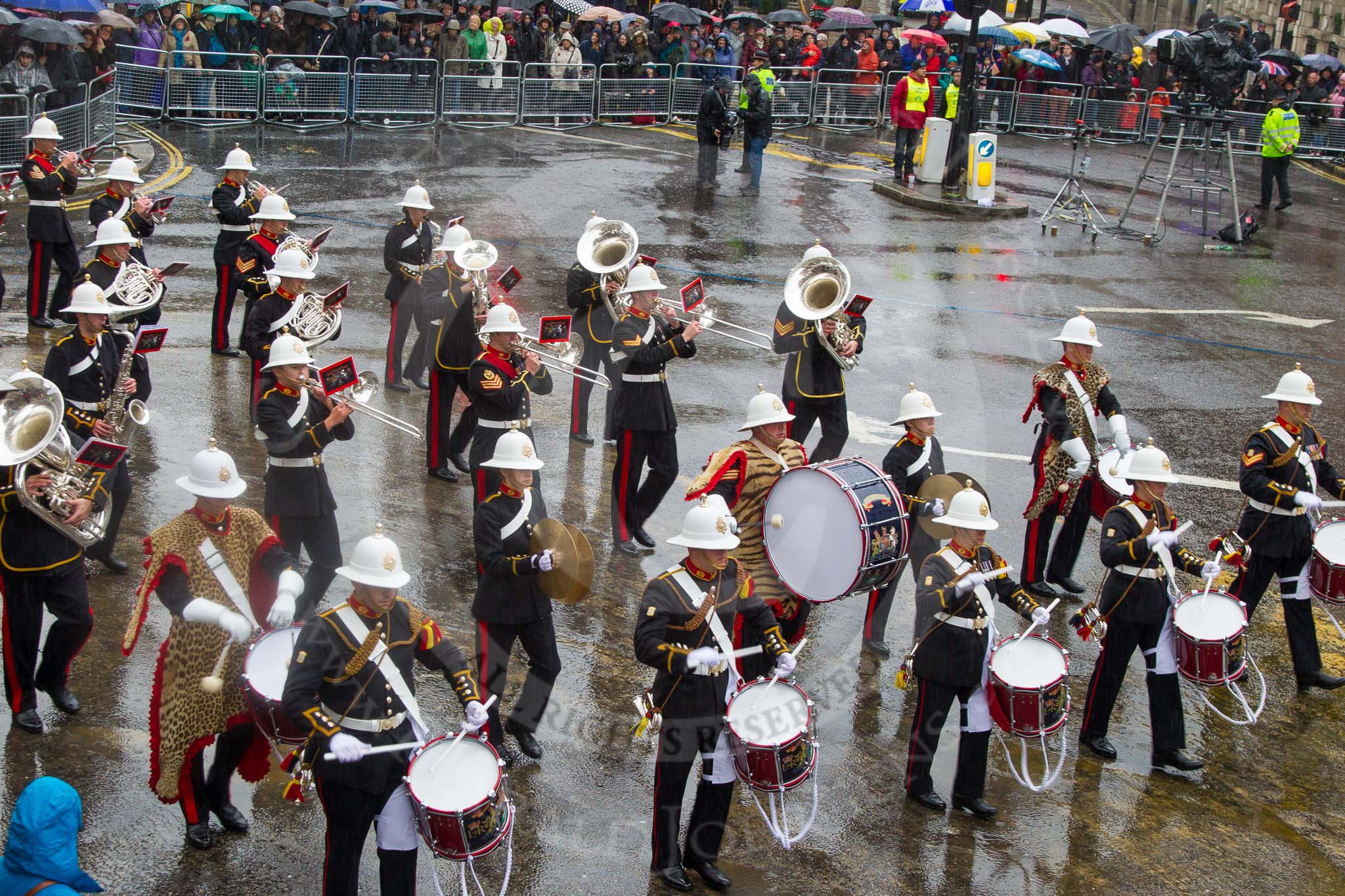 Lord Mayor's Show 2013: 94-Royal Marines Band( HMS Collingwood)-was formed in 2009 and has performed at the Lord Mayor's Show, the Diamong Jubilee, the London 2012 Olympic Games and the subsequent Athlete's Parade..
Press stand opposite Mansion House, City of London,
London,
Greater London,
United Kingdom,
on 09 November 2013 at 11:52, image #1148