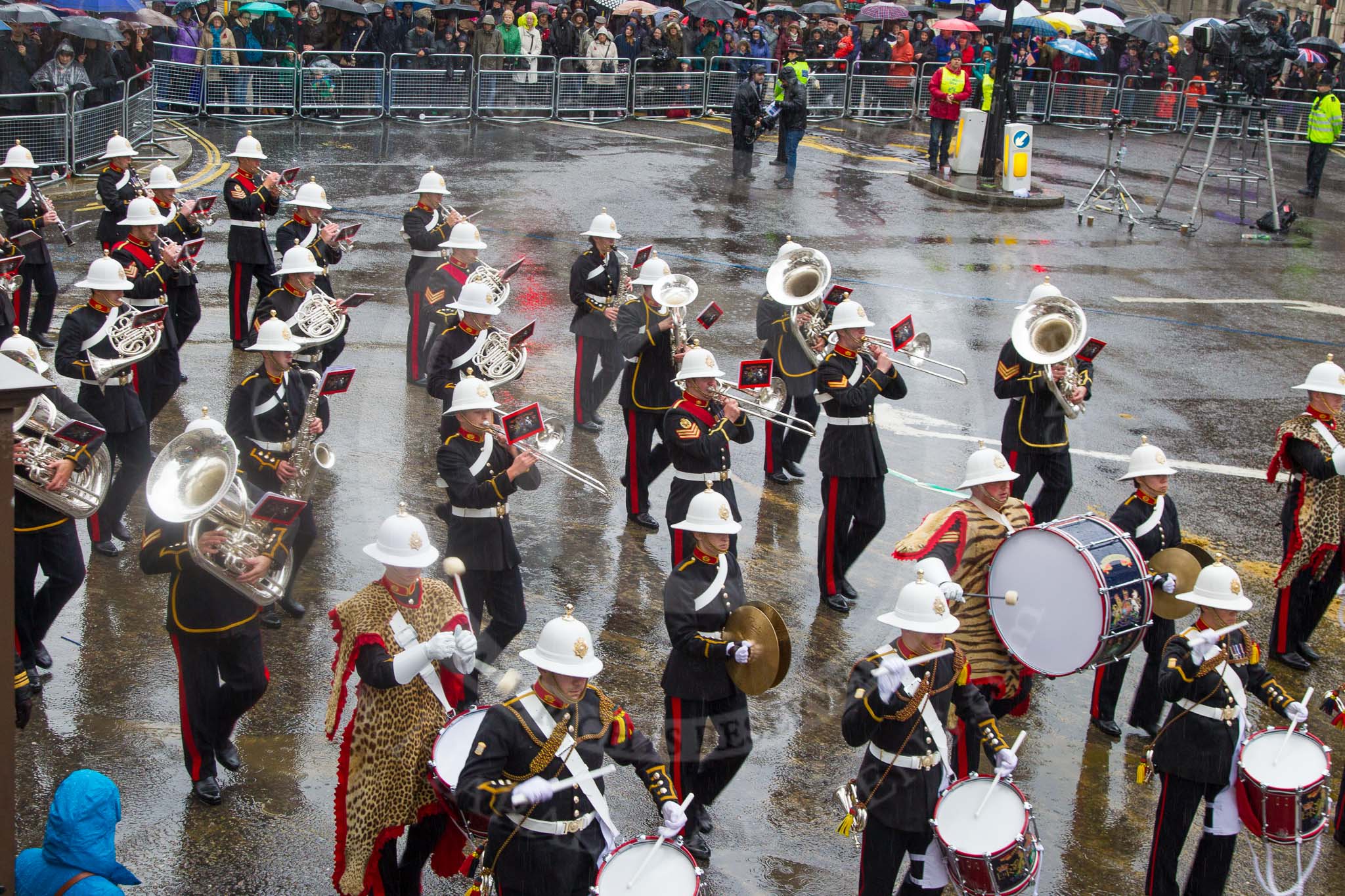 Lord Mayor's Show 2013: 94-Royal Marines Band( HMS Collingwood)-was formed in 2009 and has performed at the Lord Mayor's Show, the Diamong Jubilee, the London 2012 Olympic Games and the subsequent Athlete's Parade..
Press stand opposite Mansion House, City of London,
London,
Greater London,
United Kingdom,
on 09 November 2013 at 11:52, image #1149