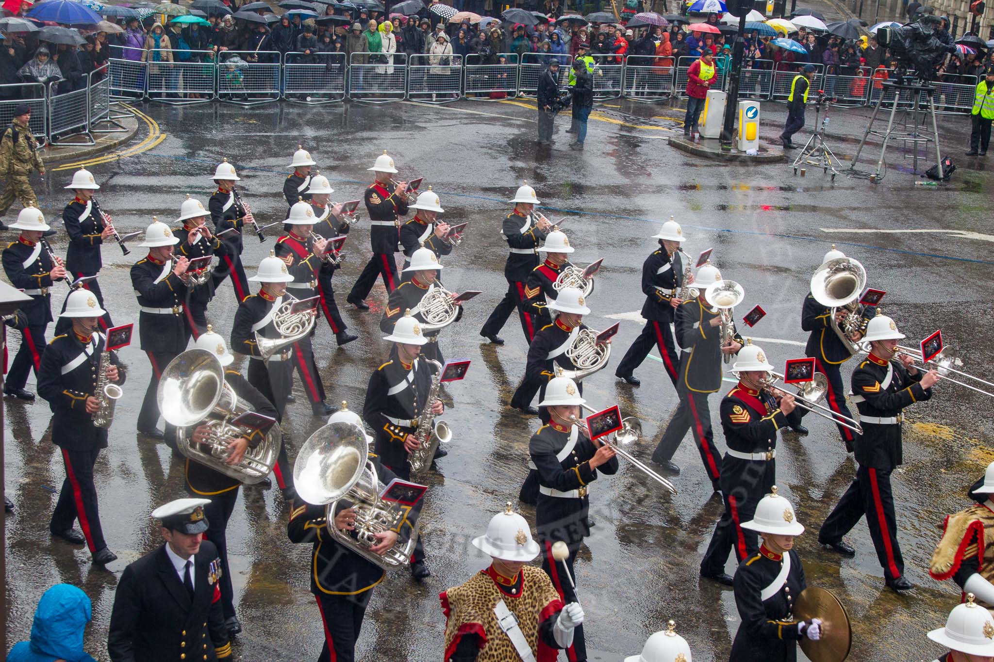 Lord Mayor's Show 2013: 94-Royal Marines Band( HMS Collingwood)-was formed in 2009 and has performed at the Lord Mayor's Show, the Diamong Jubilee, the London 2012 Olympic Games and the subsequent Athlete's Parade..
Press stand opposite Mansion House, City of London,
London,
Greater London,
United Kingdom,
on 09 November 2013 at 11:52, image #1151