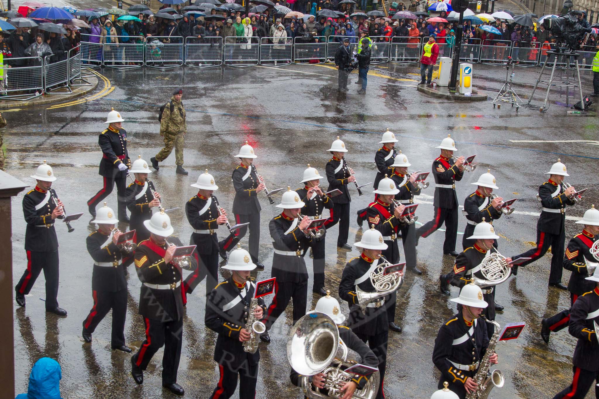 Lord Mayor's Show 2013: 94-Royal Marines Band( HMS Collingwood)-was formed in 2009 and has performed at the Lord Mayor's Show, the Diamong Jubilee, the London 2012 Olympic Games and the subsequent Athlete's Parade..
Press stand opposite Mansion House, City of London,
London,
Greater London,
United Kingdom,
on 09 November 2013 at 11:52, image #1153
