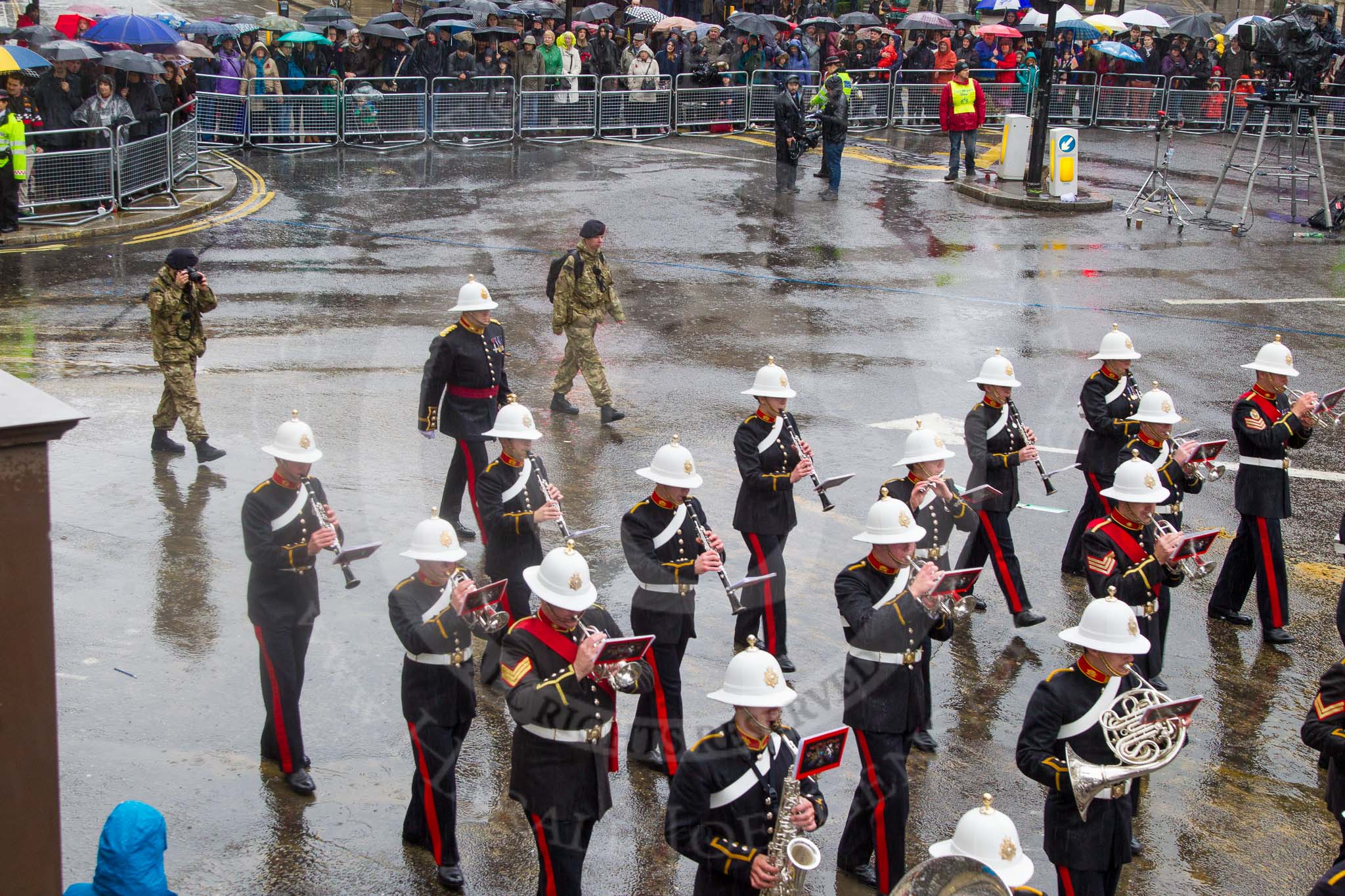 Lord Mayor's Show 2013: 94-Royal Marines Band( HMS Collingwood)-was formed in 2009 and has performed at the Lord Mayor's Show, the Diamong Jubilee, the London 2012 Olympic Games and the subsequent Athlete's Parade..
Press stand opposite Mansion House, City of London,
London,
Greater London,
United Kingdom,
on 09 November 2013 at 11:52, image #1154
