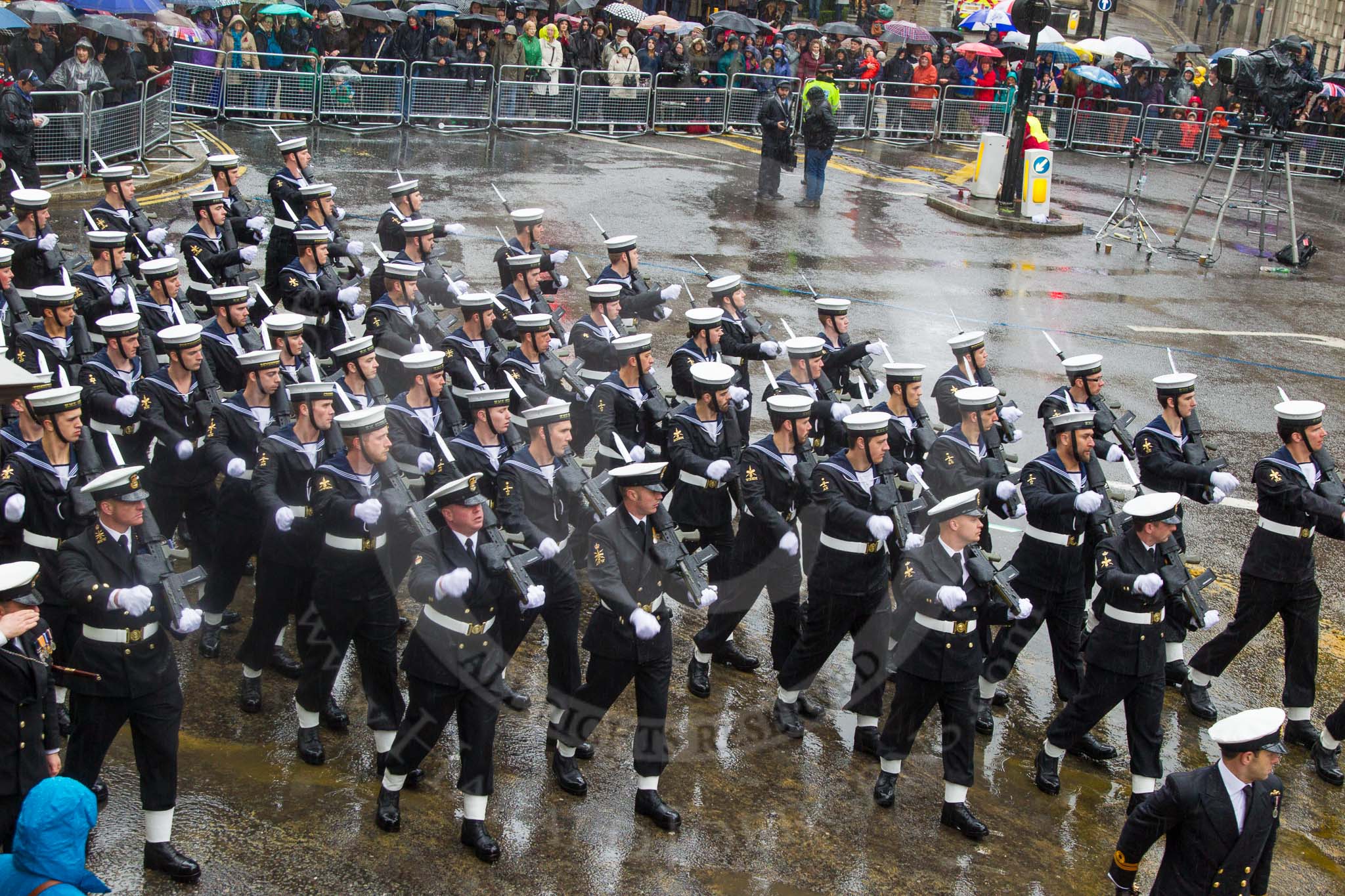 Lord Mayor's Show 2013: 95-Royal Navy (HMS Collingwood)-is home to the Maritime Warfare Scool, which contributes to the operational capability of the Fleet by providing first-class training to all officers and ratings of the Royal Navy..
Press stand opposite Mansion House, City of London,
London,
Greater London,
United Kingdom,
on 09 November 2013 at 11:52, image #1158