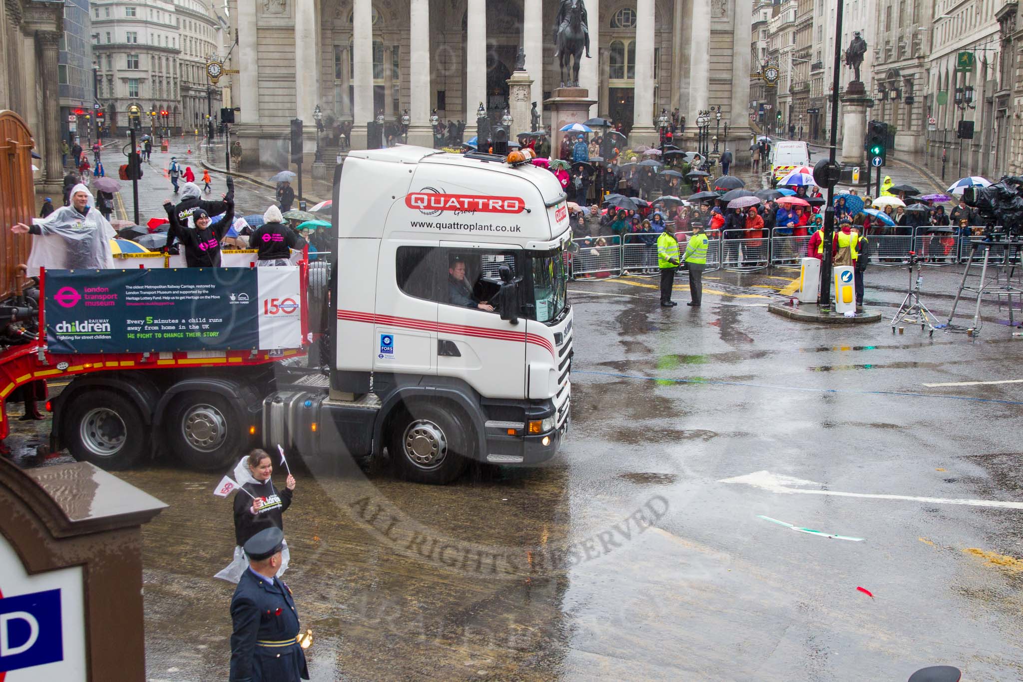 Lord Mayor's Show 2013: 109-Railway Children with London Transport Museum-fights for vulnerable children living alone, at risk on the streets, where they suffer abuse and exploitation..
Press stand opposite Mansion House, City of London,
London,
Greater London,
United Kingdom,
on 09 November 2013 at 11:58, image #1265