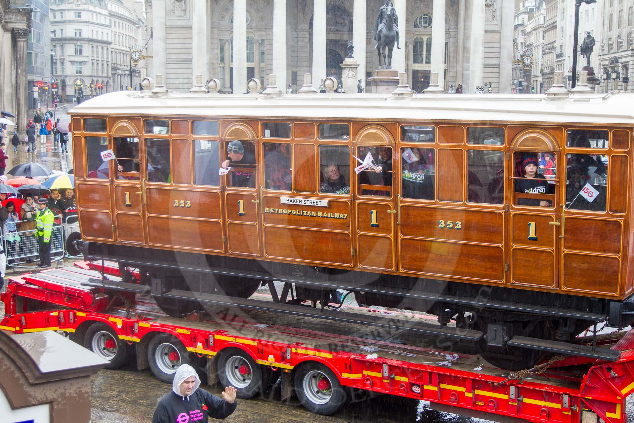 Lord Mayor's Show 2013: 109-Railway Children with London Transport Museum-fights for vulnerable children living alone, at risk on the streets, where they suffer abuse and exploitation..
Press stand opposite Mansion House, City of London,
London,
Greater London,
United Kingdom,
on 09 November 2013 at 11:59, image #1269
