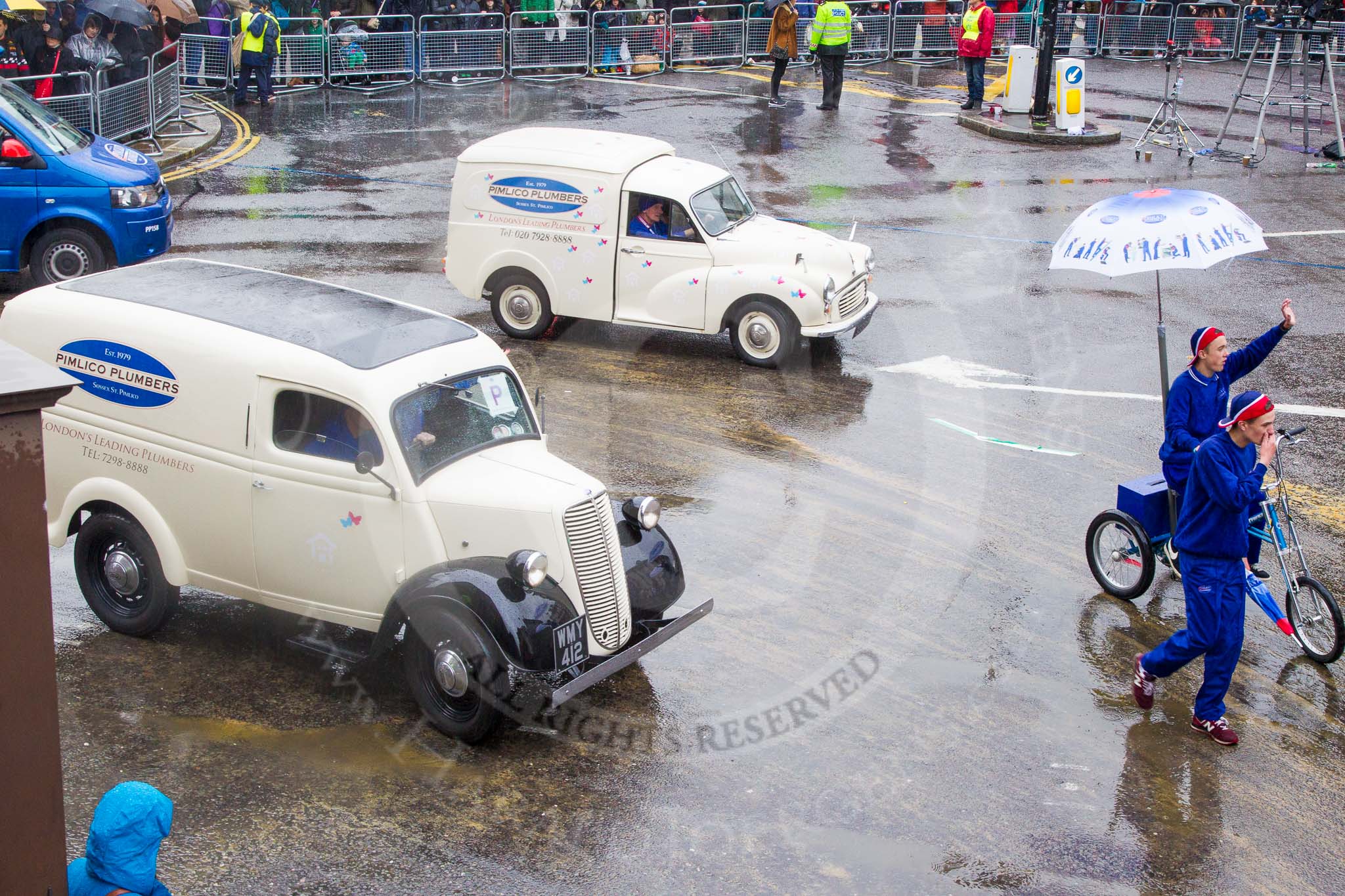 Lord Mayor's Show 2013: 119-Pimlico Plumbers-it is capital's largest independent service company. Pimlico is a Patron of the Prince's Trust. This year they bring a parade of new and vintage vehicles..
Press stand opposite Mansion House, City of London,
London,
Greater London,
United Kingdom,
on 09 November 2013 at 12:03, image #1342