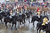 Lord Mayor's Show 2013: The Blues and Royals, Household Cavalry, following the Mounted Band. Behind them The London Regiment, Guard of Honour for the Lord Mayor..
Press stand opposite Mansion House, City of London,
London,
Greater London,
United Kingdom,
on 09 November 2013 at 10:48, image #91