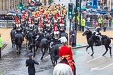 Lord Mayor's Show 2013: The Mounted Band of the Household Cavalry and the Blues and Royals riding down Queen Victoria Street. They will be seen again when the Lord Mayor leaves Mansion House for St Paul..
Press stand opposite Mansion House, City of London,
London,
Greater London,
United Kingdom,
on 09 November 2013 at 10:49, image #98