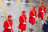 Lord Mayor's Show 2013: Four of the Thames Watermen that had been rowing the Lord Mayor from Westminster to the City..
Press stand opposite Mansion House, City of London,
London,
Greater London,
United Kingdom,
on 09 November 2013 at 10:49, image #99