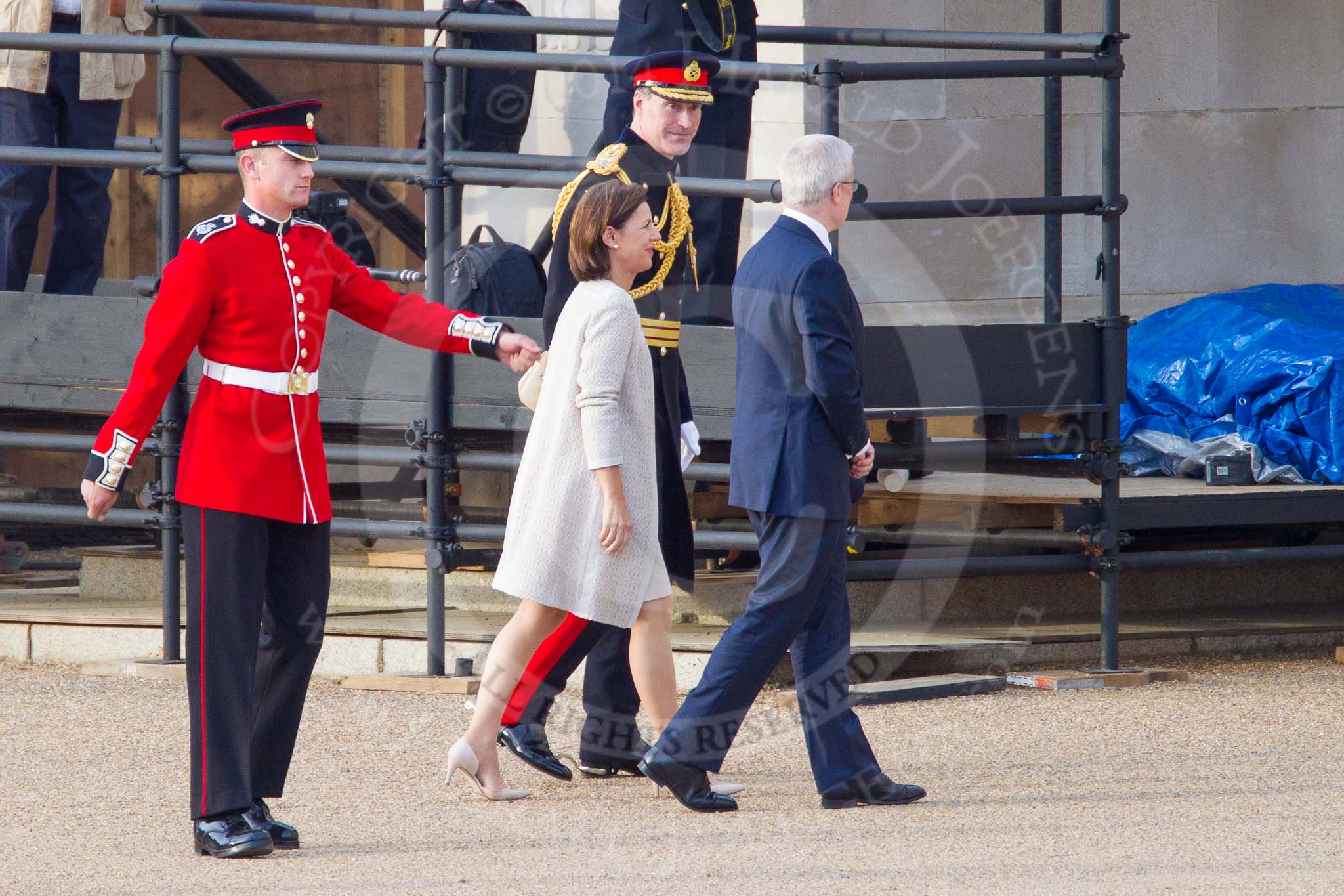 Beating Retreat 2014: The arrival of the French Ambassador, His Excellency Bernard Emié, and his wife. They are welcomed by Major General Commanding the Household Division
and General Officer Commanding London District,
Major General E A Smyth- Osbourne..
Horse Guards Parade, Westminster,
London SW1A,

United Kingdom,
on 11 June 2014 at 19:38, image #2