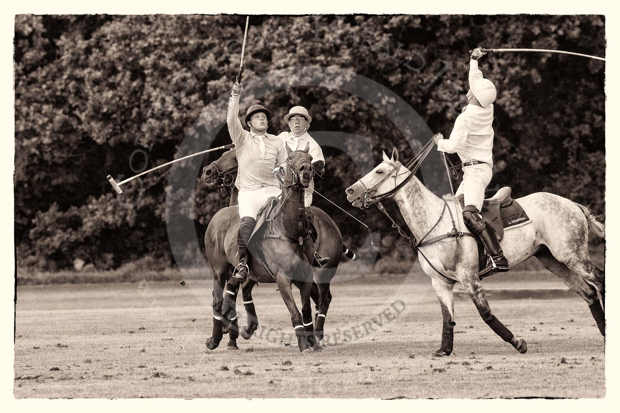 7th Heritage Polo Cup semi-finals: Alex Vent looking at the ball in the air aside Pedro Harrison..
Hurtwood Park Polo Club,
Ewhurst Green,
Surrey,
United Kingdom,
on 04 August 2012 at 15:47, image #280