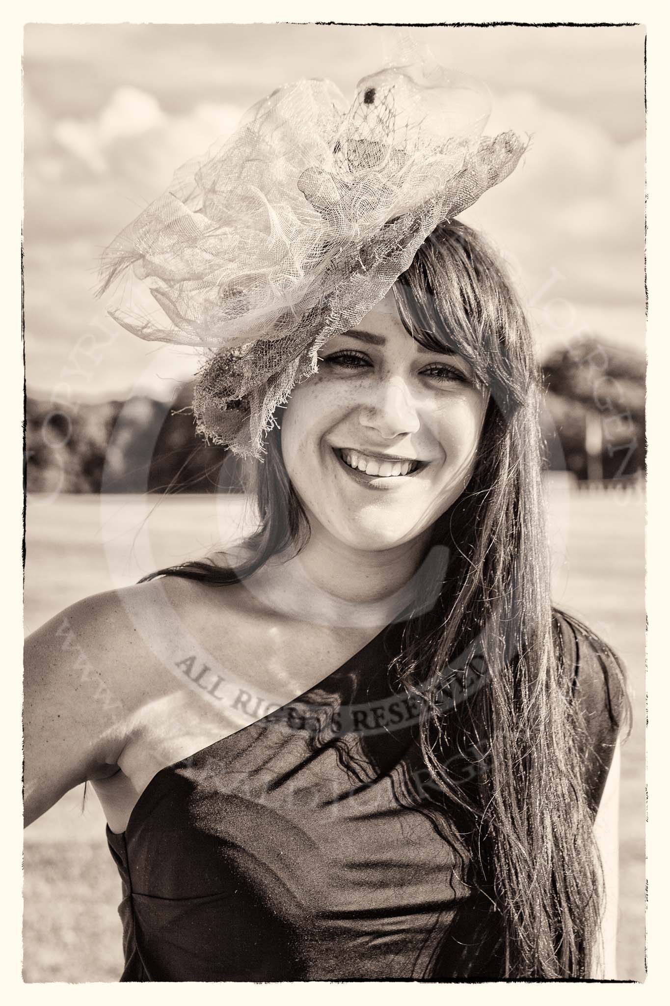 7th Heritage Polo Cup finals: Annabel Cattlin wearing one of her mother's Millinery Creations 2012..
Hurtwood Park Polo Club,
Ewhurst Green,
Surrey,
United Kingdom,
on 05 August 2012 at 16:48, image #230