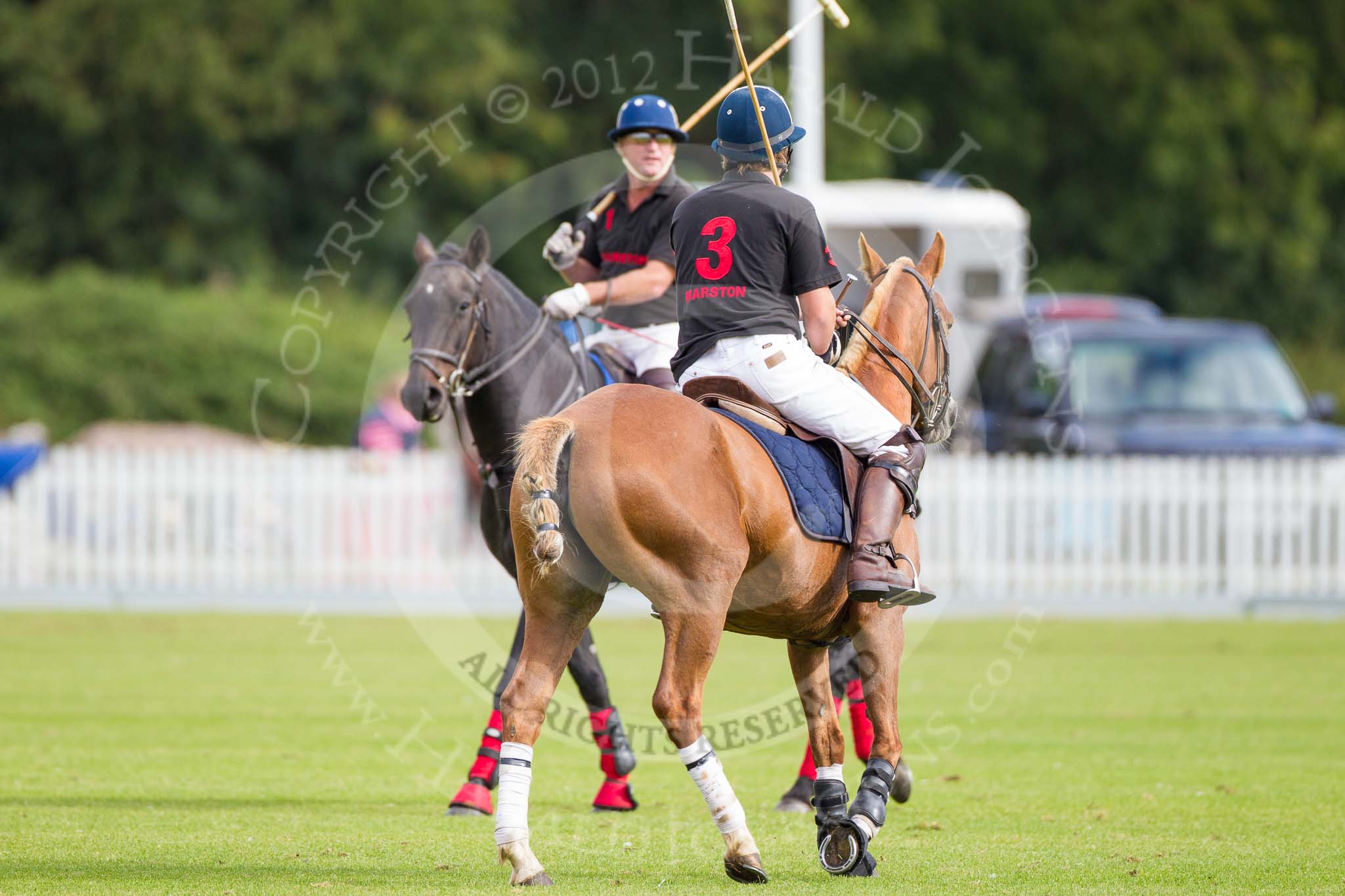 DBPC Polo in the Park 2012: The Marston team getting ready for the first match - #3, Simon Marlow-Thomas, and #1, Angus Marlow-Thomas..
Dallas Burston Polo Club,
Stoneythorpe Estate,
Southam,
Warwickshire,
United Kingdom,
on 16 September 2012 at 10:08, image #29