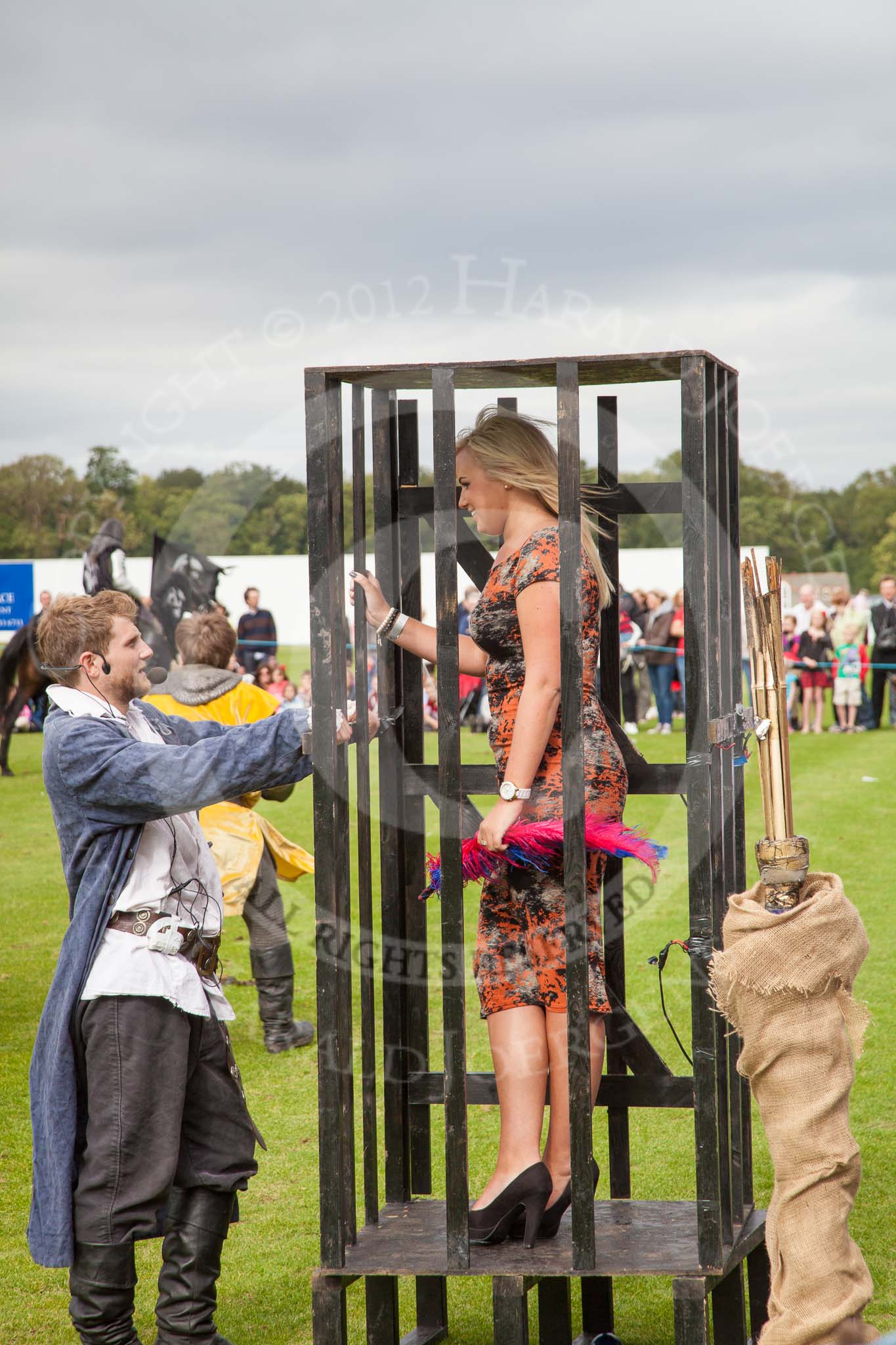 DBPC Polo in the Park 2012: The Knights of Middle England and their Jousting display - here with their "hostage", Dallas Burston Polo Club VIP guest Jade Watts..
Dallas Burston Polo Club,
Stoneythorpe Estate,
Southam,
Warwickshire,
United Kingdom,
on 16 September 2012 at 14:33, image #200